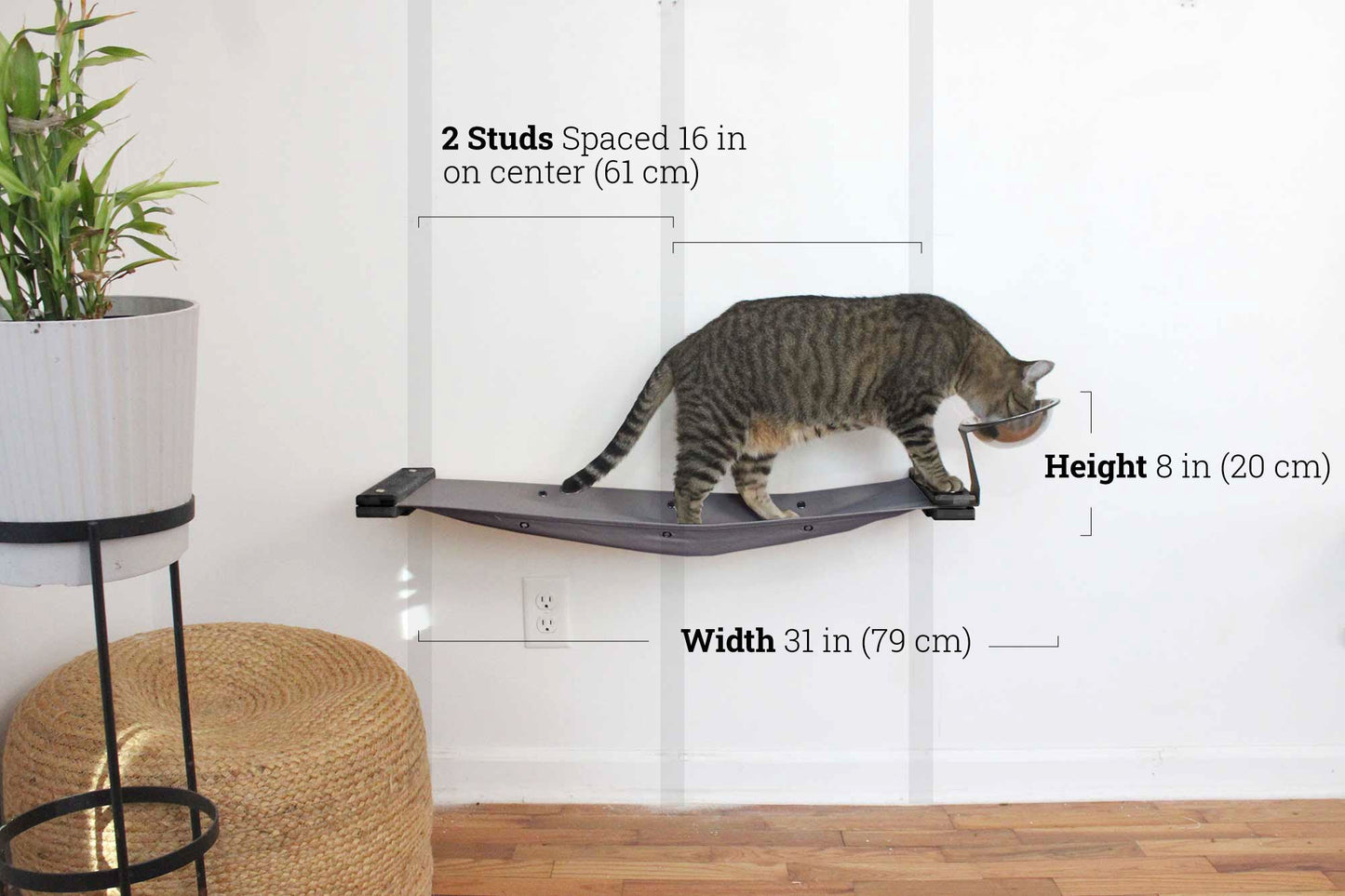 Dog Proof Cat Feeder - Wall-Mounted - Raised Elevated Onyx Bamboo Charcoal Gray Canvas 32" Cat Hammock Catastrophic Creations