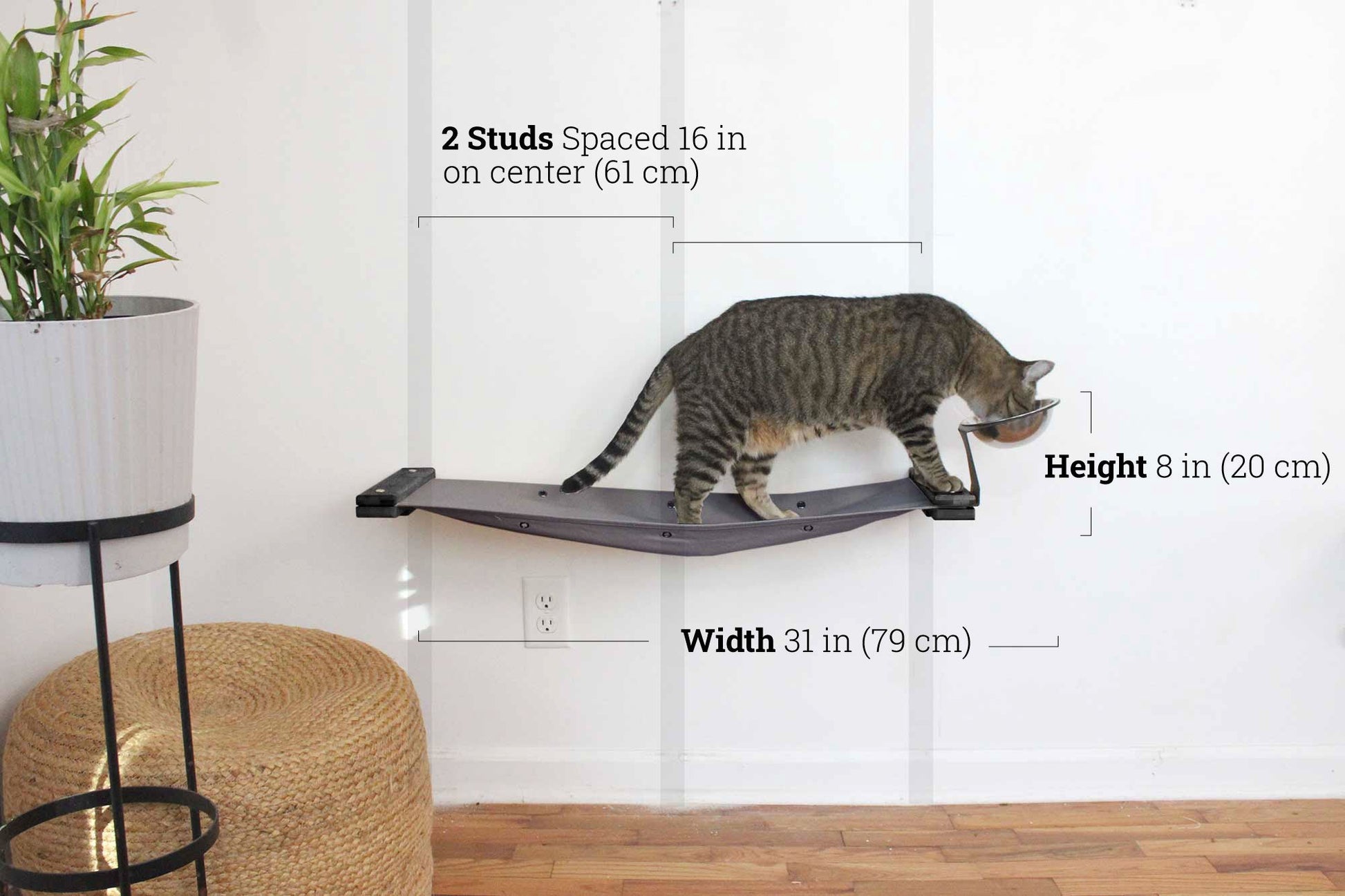Dog Proof Cat Feeder - Wall-Mounted - Raised Elevated Onyx Bamboo Charcoal Gray Canvas 32" Cat Hammock Catastrophic Creations