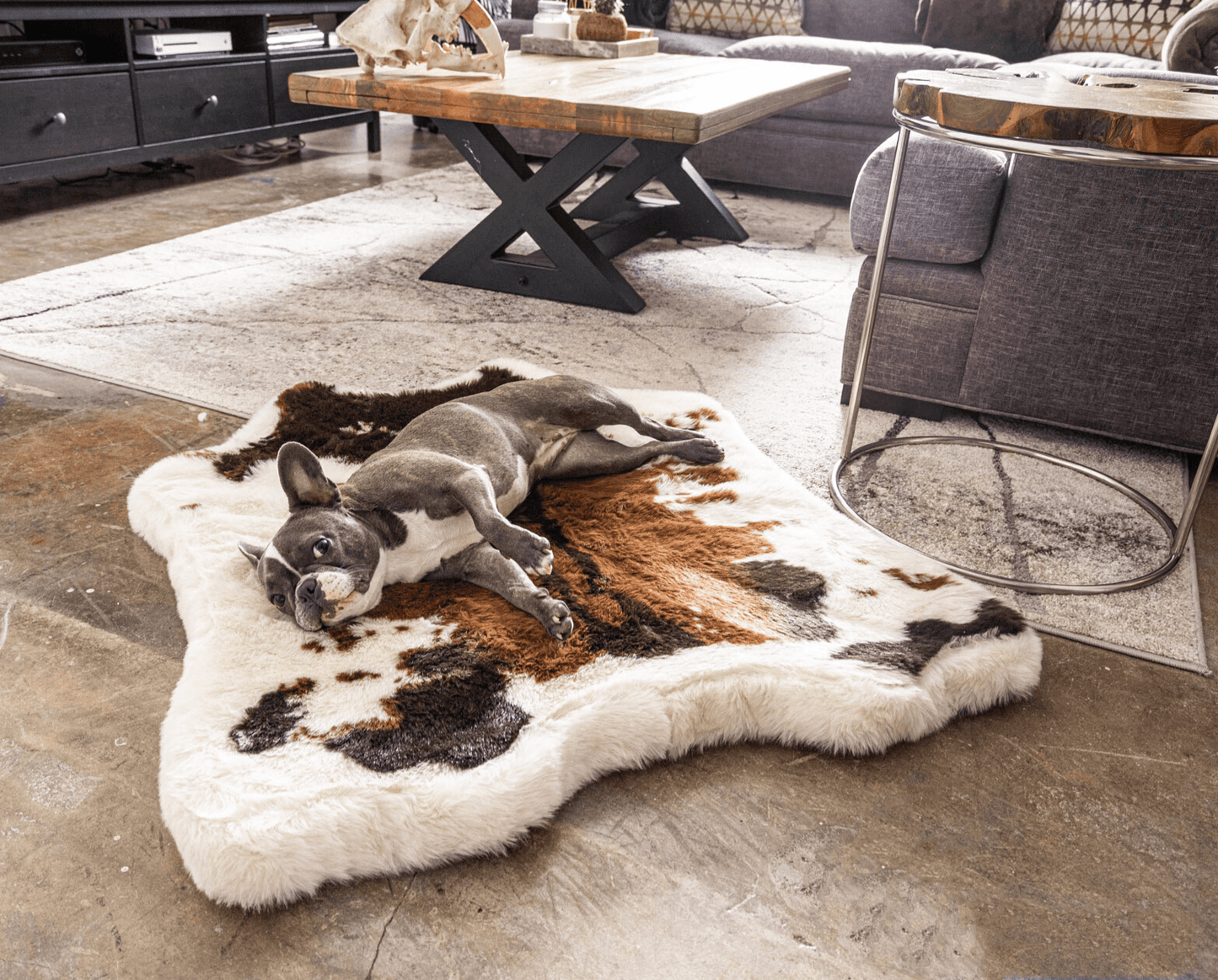 PupRug® Animal Print Memory Foam Dog Bed - Brown Faux Cowhide Junior (40" L x 35" W) Dog Beds Paw.com