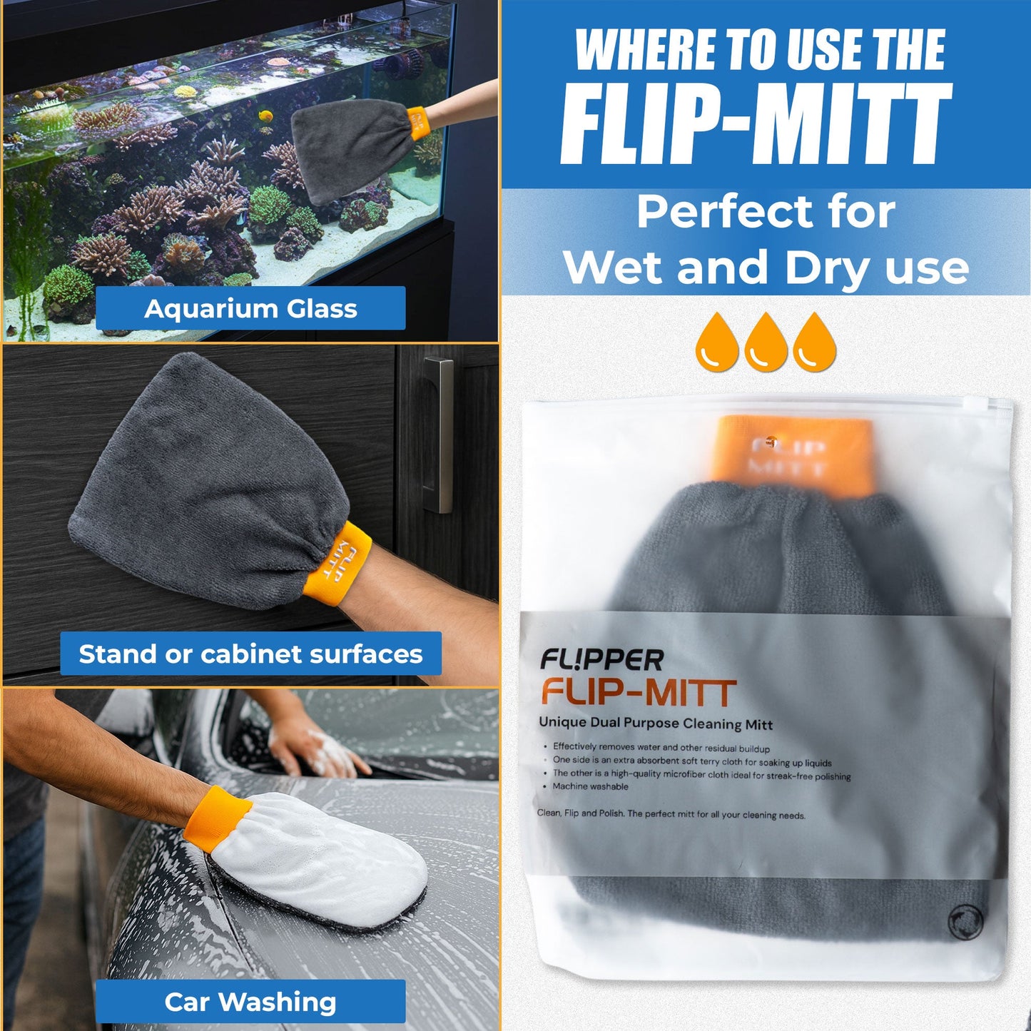 Flipper 2-in-1 Microfiber Aquarium Cleaning Mitt 1 Pack Flipper Accessories Flipper Aquarium Products