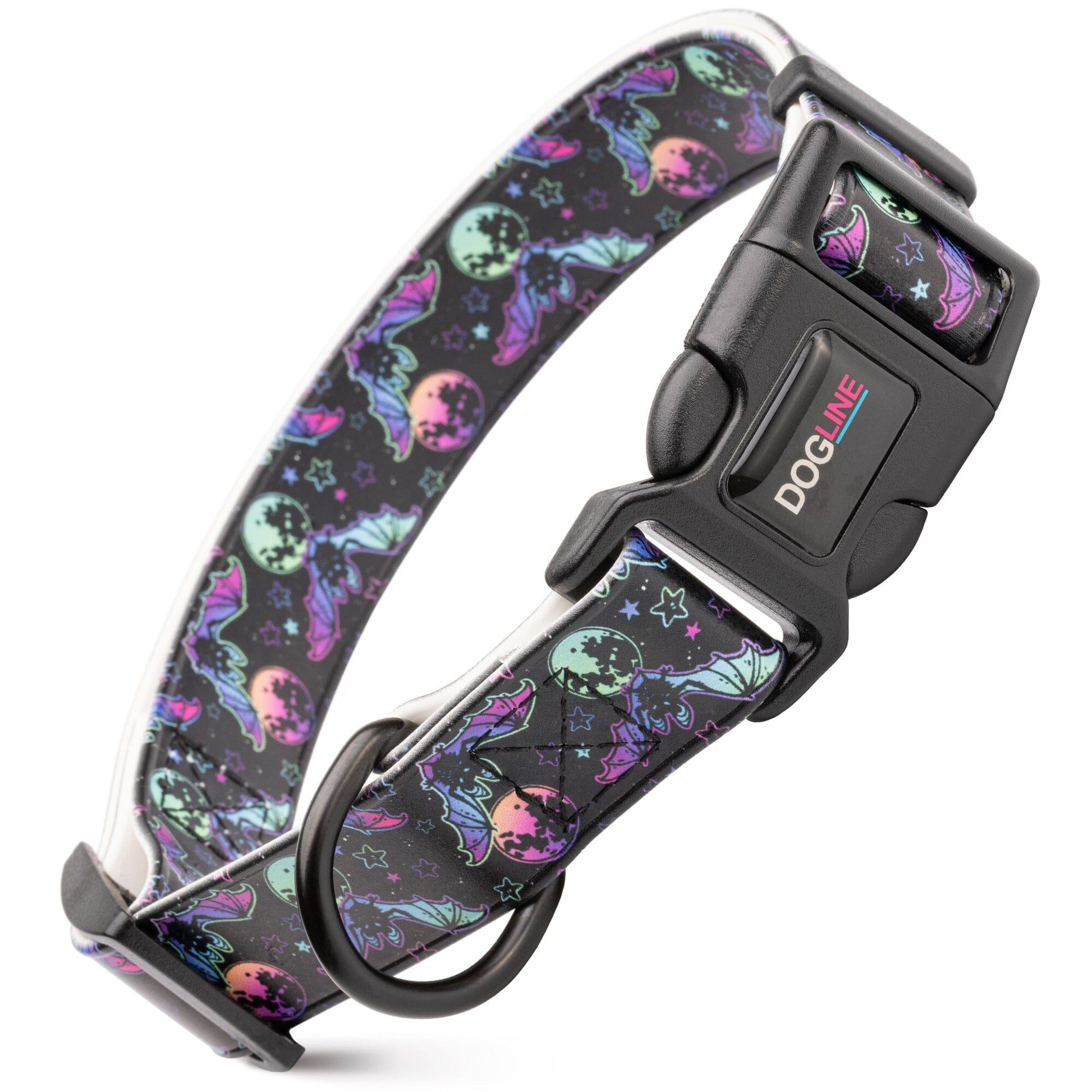 Dogline Biothane Full Color Design Printed Dog Collar with Quick Release Buckle Bats & Moons W 3 4" x L 12"-19" Dog Collars Dogline