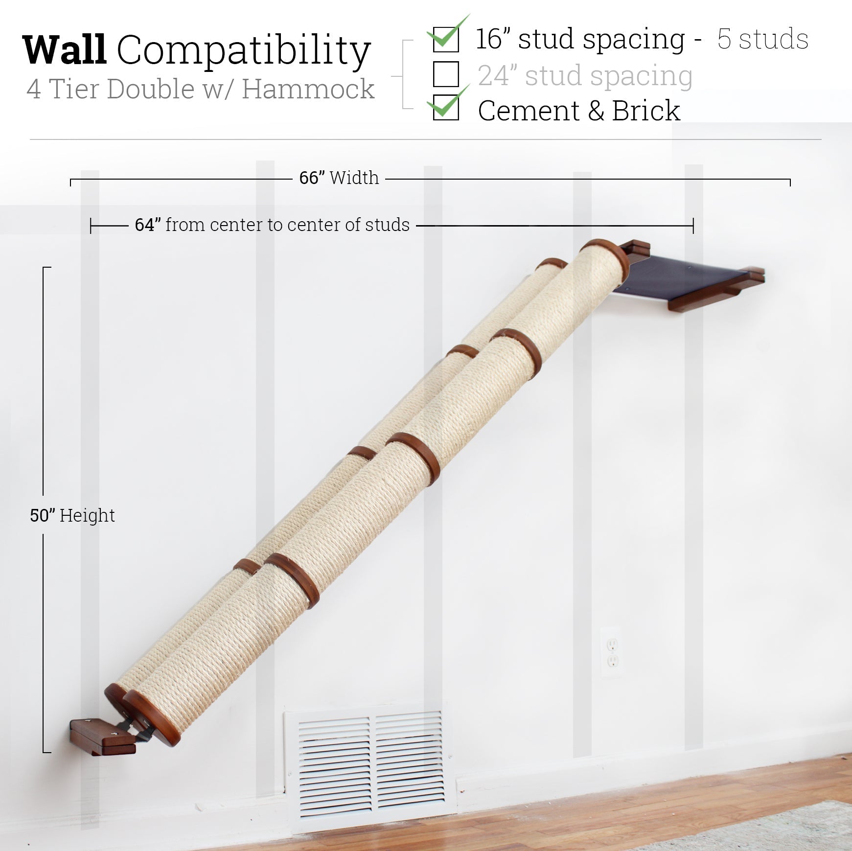 Slanted Cat Scratcher for Wall English Chestnut Bamboo 4-Tier Double Charcoal Gray Canvas Cat Scratcher Catastrophic Creations