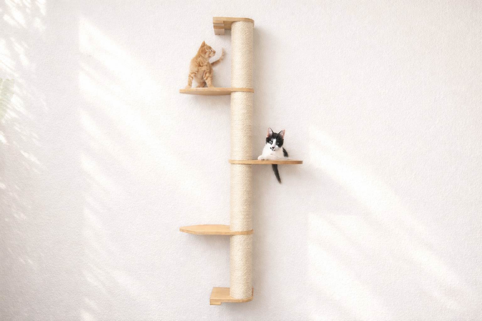 Wall Mounted Cat Climbing Pole - Sisal Natural Bamboo 4-Tier Leaf Shelf No Cork Pad Cat Scratcher Catastrophic Creations