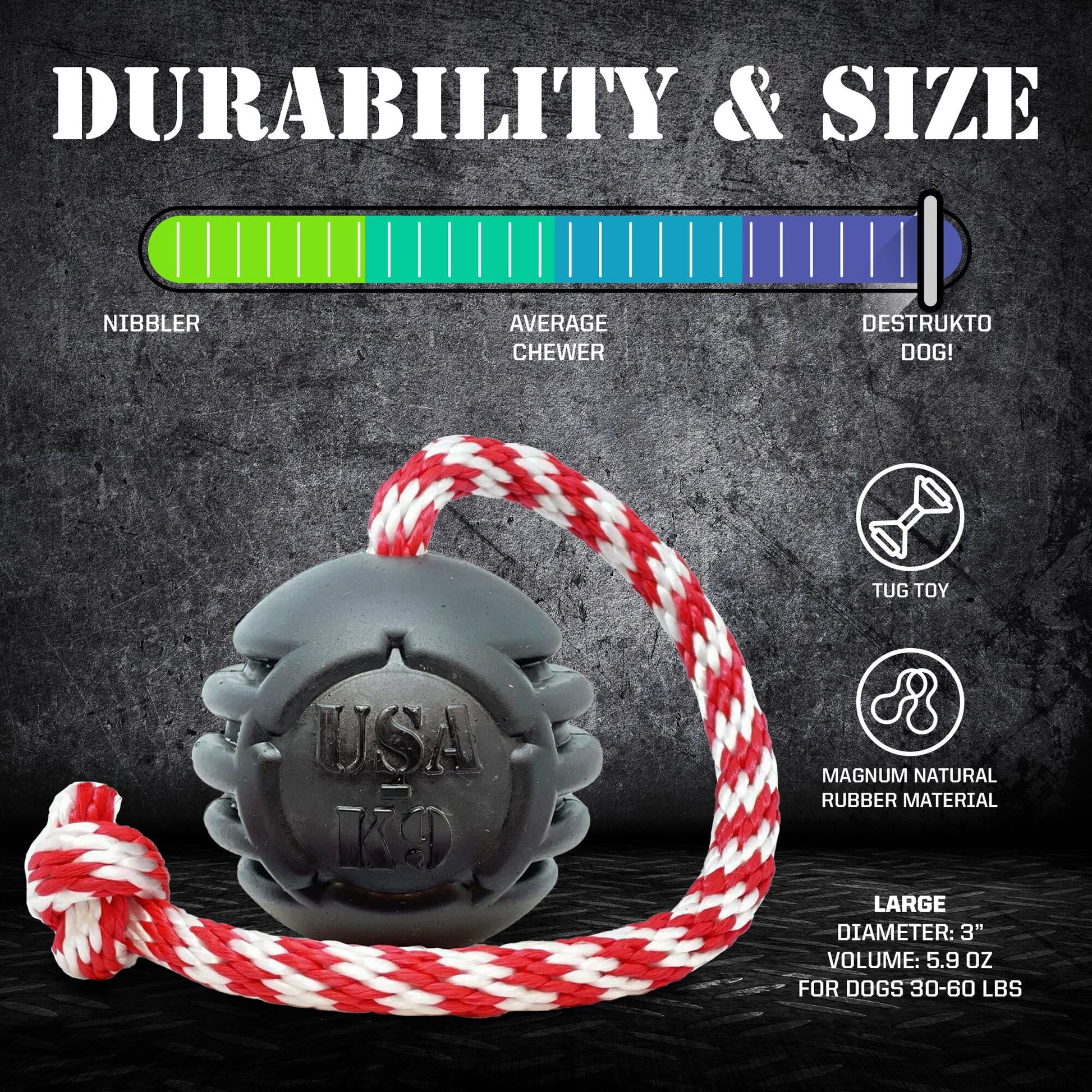 USA-K9 Magnum Black Stars and Stripes Ultra-Durable Rubber Chew Toy, Reward Toy, Tug Toy, and Retrieving Toy - Black Rubber Dog Toys SodaPup/True Dogs, LLC