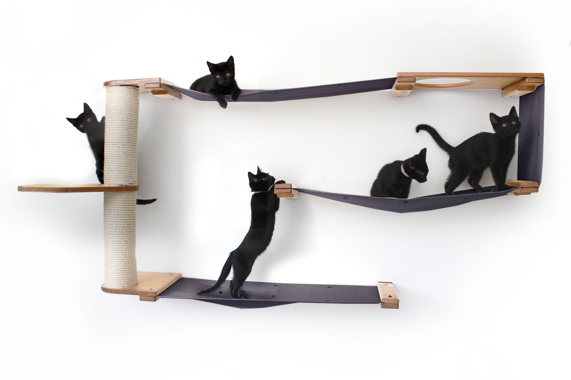 Cat Maze Wall - 3 Tier Cat Tree Natural Bamboo Charcoal Gray Canvas Pole and Leaf Shelf Cat Condo Catastrophic Creations