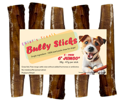 Bully Sticks 6" JUMBO | Very Low Odor | Pack of 5 | Grass-fed/Free-range Dog Treats Bones Bully Sticks and Natural Chews Chief’s Treats and Pet Supplies