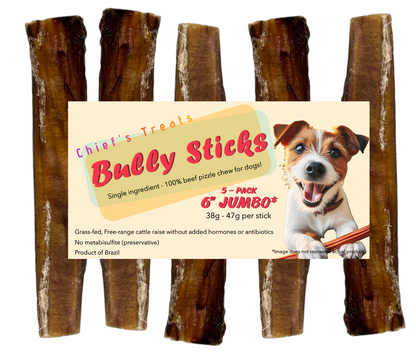 Bully Sticks 6" JUMBO | Very Low Odor | Pack of 5 | Grass-fed/Free-range