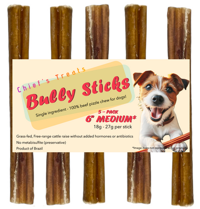 Bully Sticks 6" - MEDIUM | Very Low Odor | Pack of 5 | Grass-fed/Free-range Dog Treats Bones Bully Sticks and Natural Chews Chief’s Treats and Pet Supplies