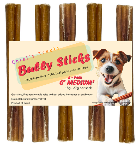 Bully Sticks 6" - MEDIUM | Very Low Odor | Pack of 5 | Grass-fed/Free-range