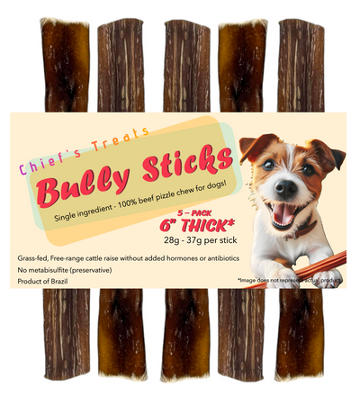 Bully Sticks 6" - THICK | Very Low Odor | Pack of 5 | Grass-fed/Free-range Dog Treats Bones Bully Sticks and Natural Chews Chief’s Treats and Pet Supplies
