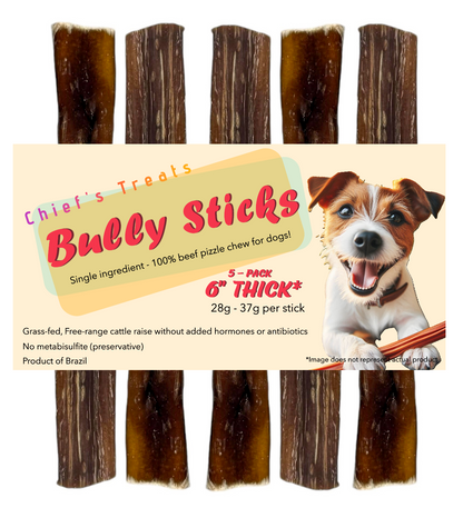 Bully Sticks 6" - THICK | Very Low Odor | Pack of 5 | Grass-fed/Free-range