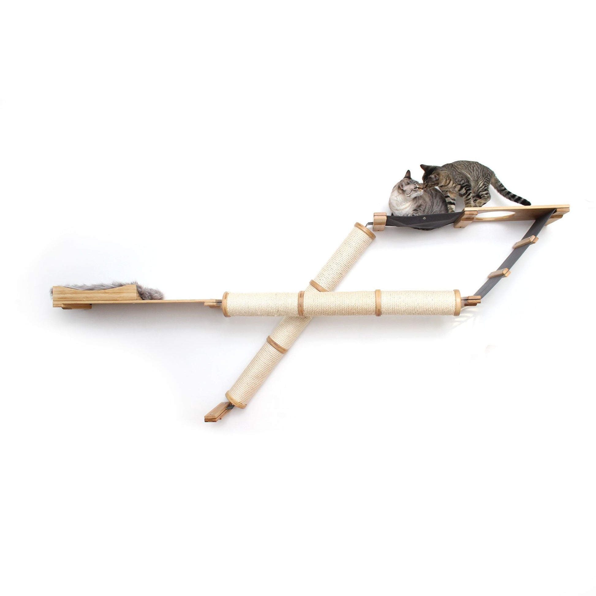 The Plateau - Horizontal Cat Scratcher Bed Set Natural Bamboo Charcoal Gray Canvas Cat Scratcher Catastrophic Creations