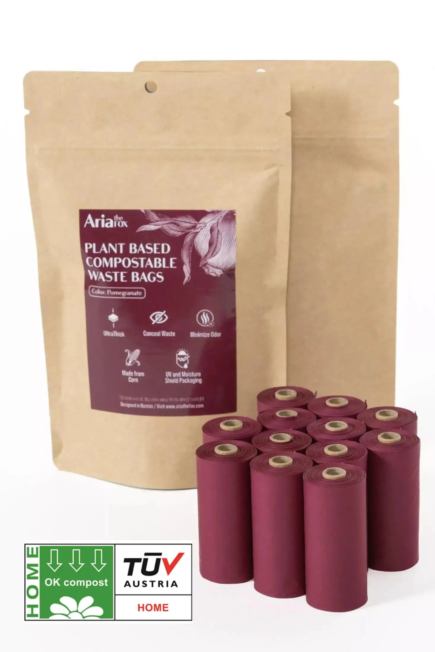 Plant Based Compostable Waste Bags Pomegranate 12 Rolls - 120 Bags Dog Waste Bags Aria the Fox