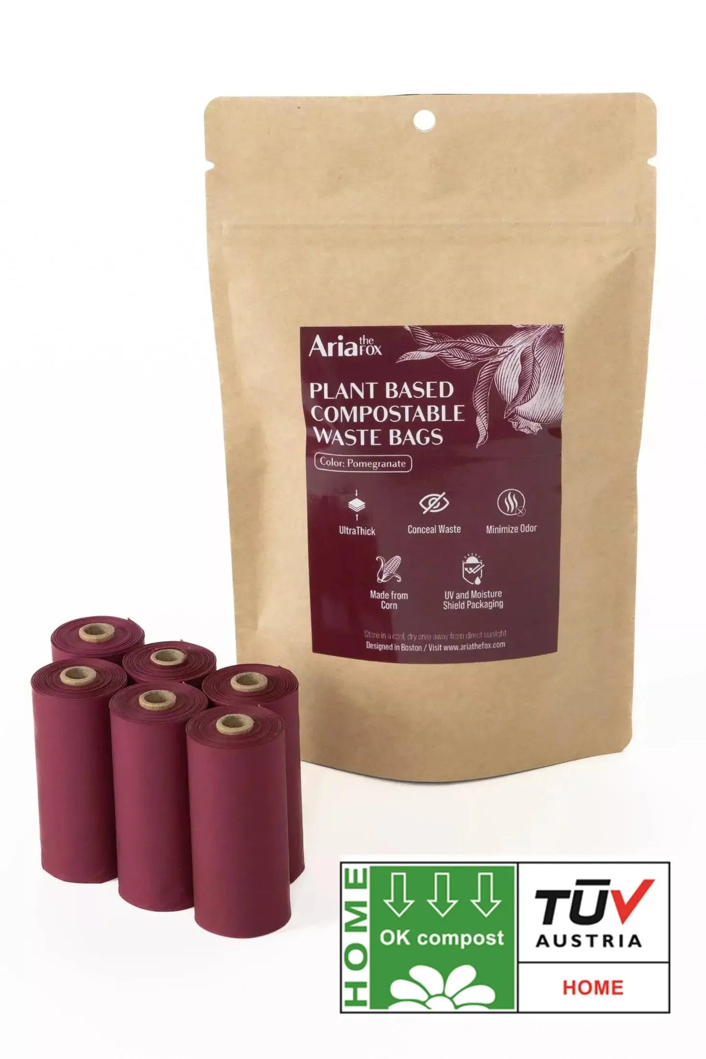Plant Based Compostable Waste Bags Pomegranate 6 Rolls - 60 Bags Dog Waste Bags Aria the Fox