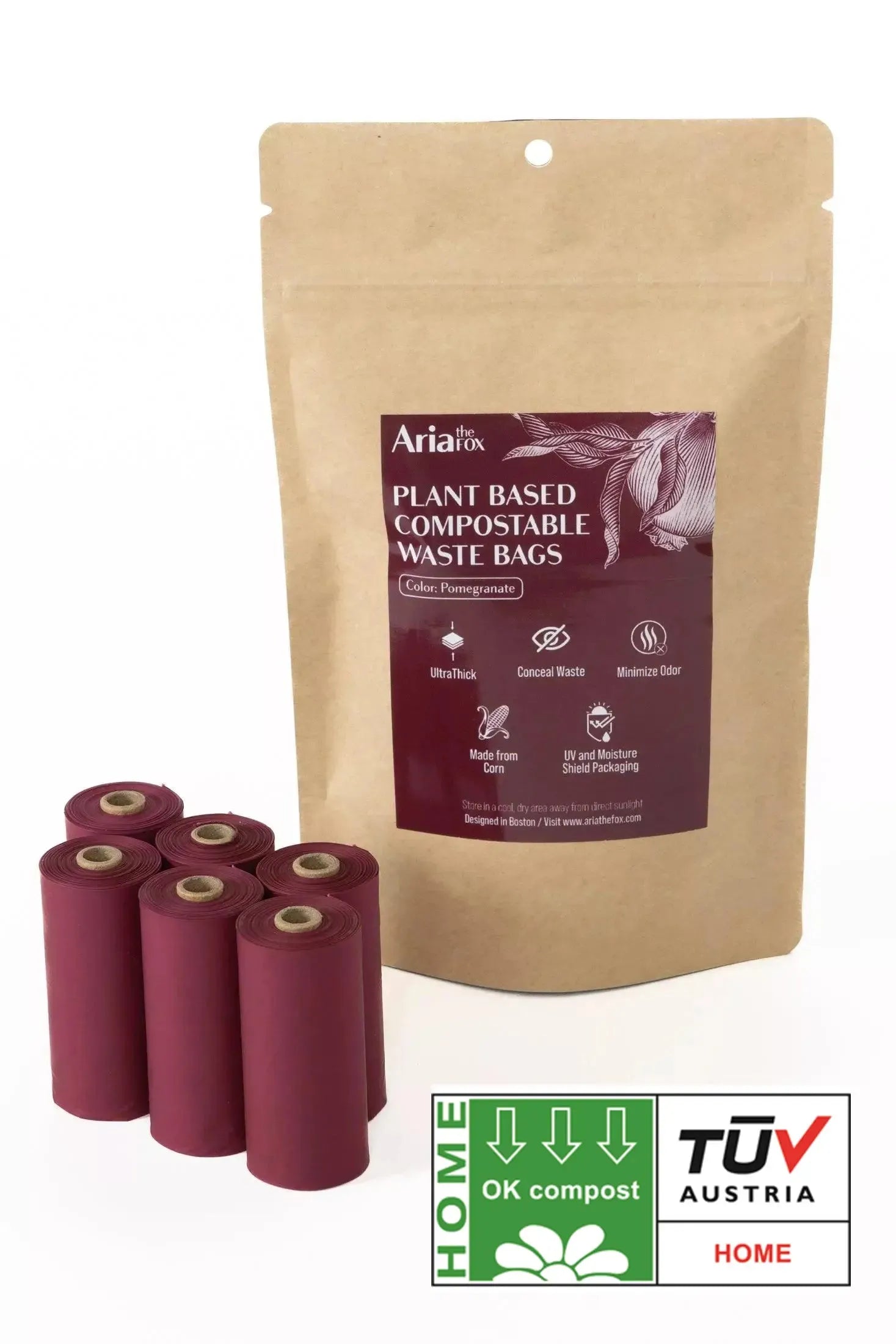Plant Based Compostable Waste Bags Pomegranate 6 Rolls - 60 Bags Dog Waste Bags Aria the Fox