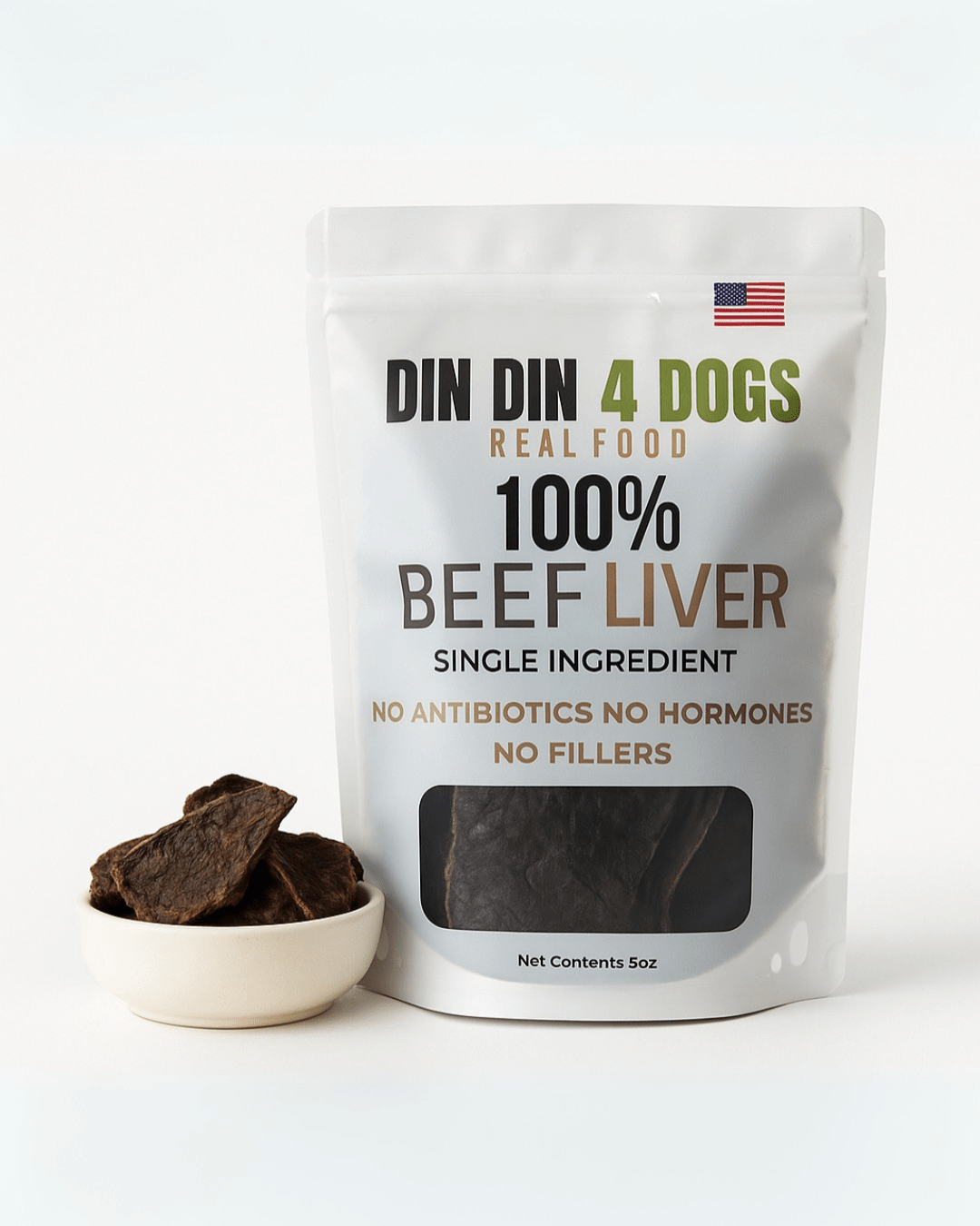 100% Beef Liver Dog Treats, 5 Ounce Bag, Single Ingredient, High Protein Treat Din Din 4 Dogs