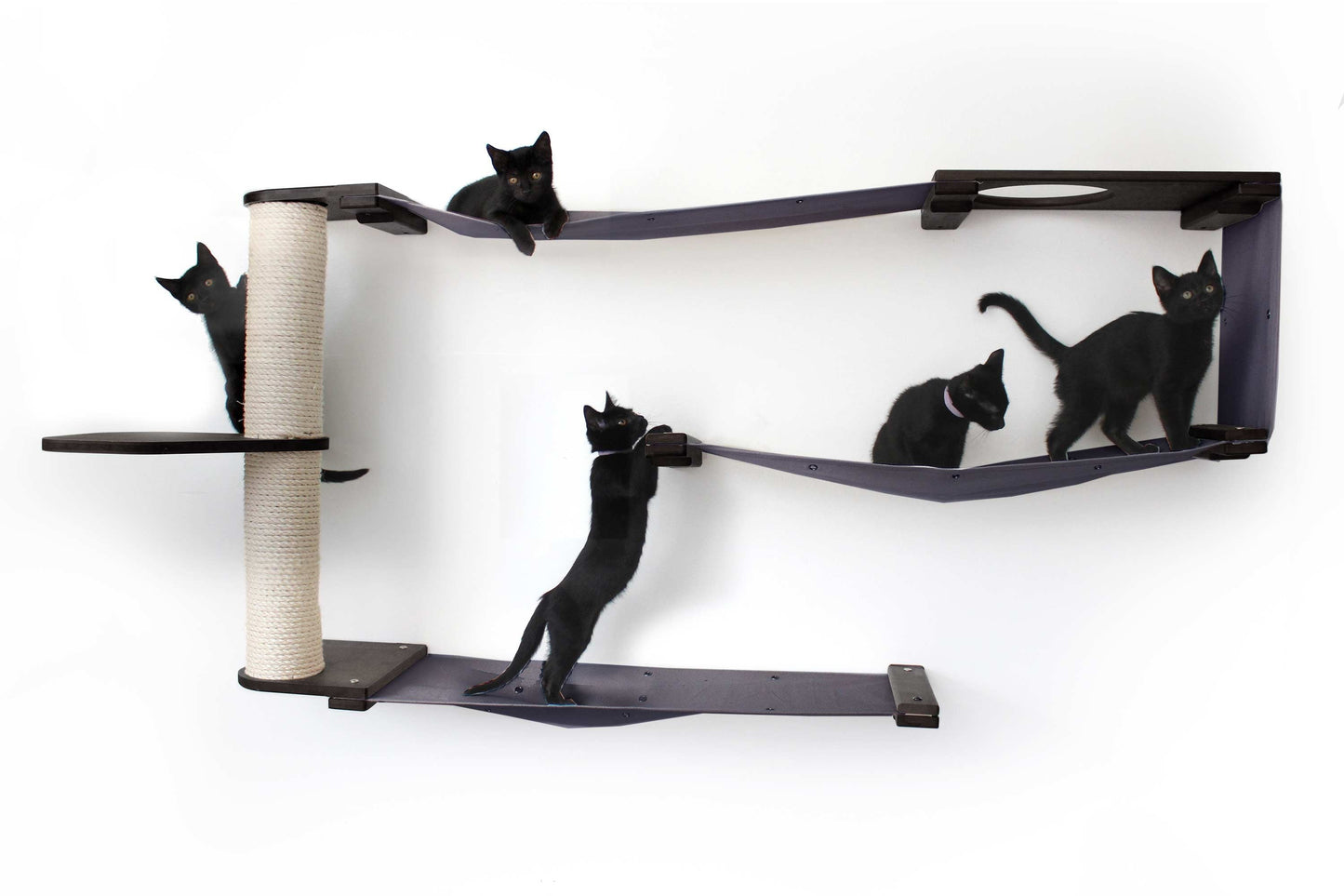 Cat Maze Wall - 3 Tier Cat Tree Onyx Bamboo Charcoal Gray Canvas Pole and Leaf Shelf Cat Condo Catastrophic Creations