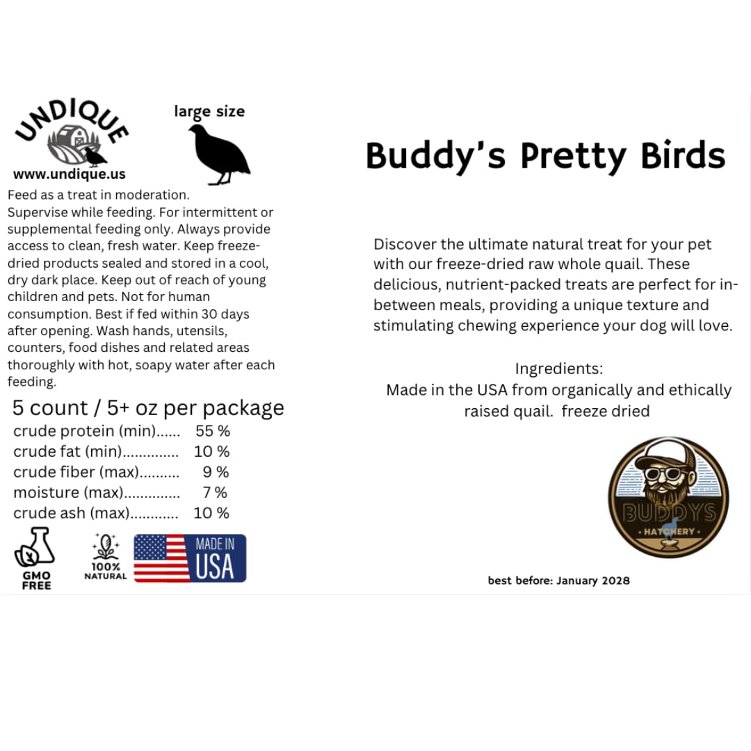 Bird Dog Training Quail - Premium Freeze-Dried Whole Quail for Dogs 5ct, Large (Chick) - Natural Prey Feeding Quality Protein Pet Treats Dog Treats Quailz.com by Undique LLC