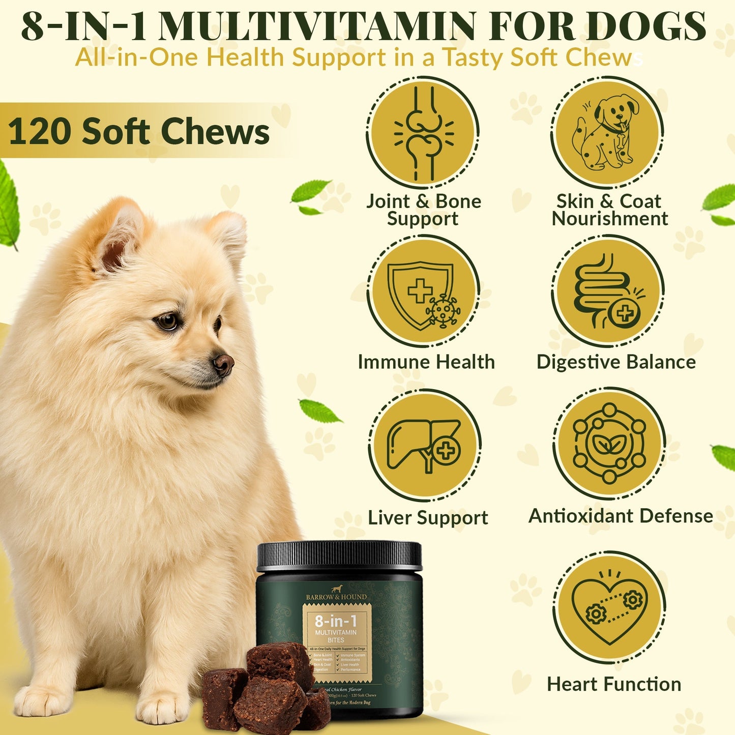 8-in-1 Daily Multivitamin Bites for Dogs – All-in-One Health Support, 120 Soft Chews Supplements Barrow & Hound