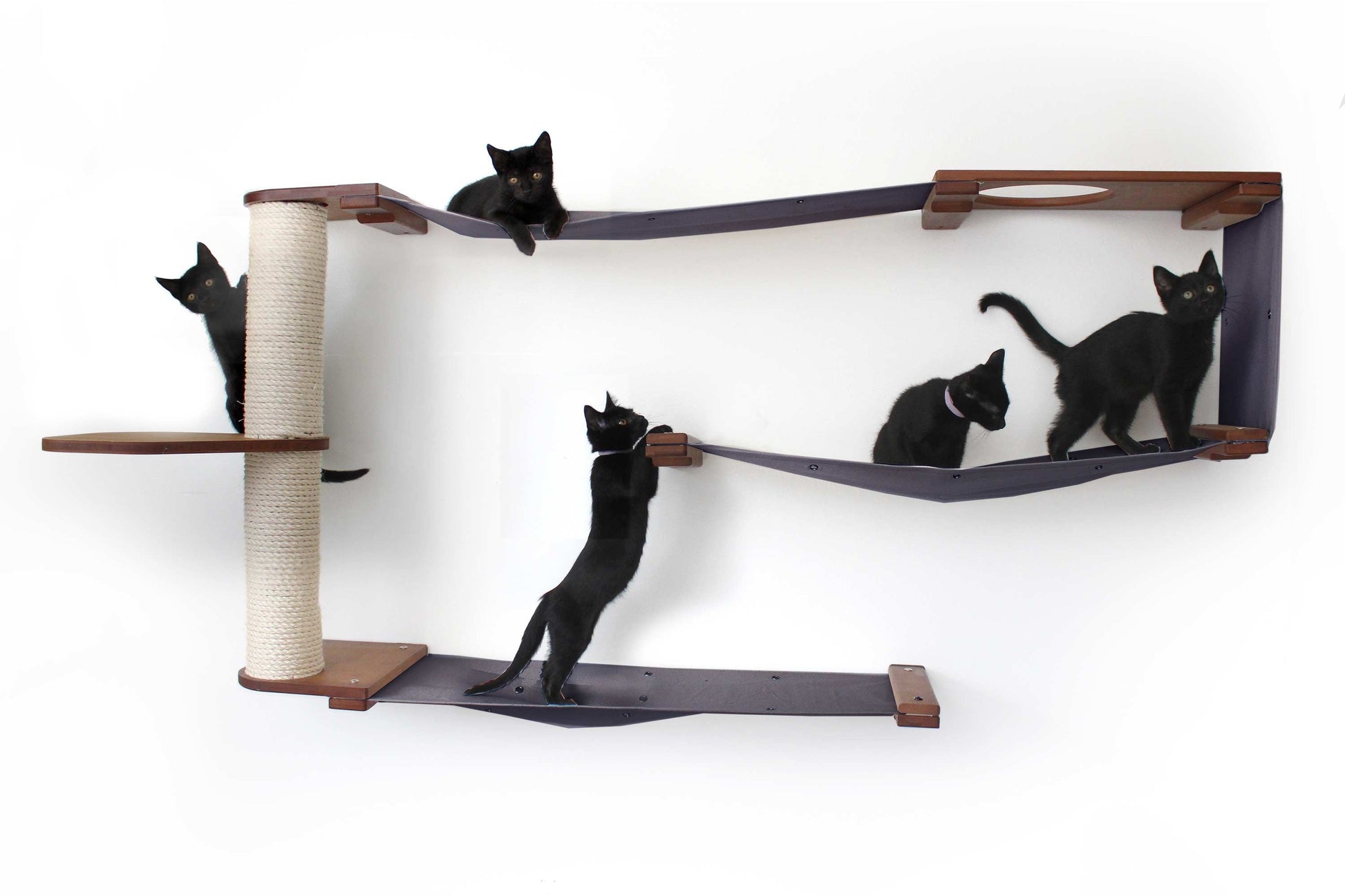 Cat Maze Wall - 3 Tier Cat Tree English Chestnut Bamboo Charcoal Gray Canvas Pole and Leaf Shelf Cat Condo Catastrophic Creations