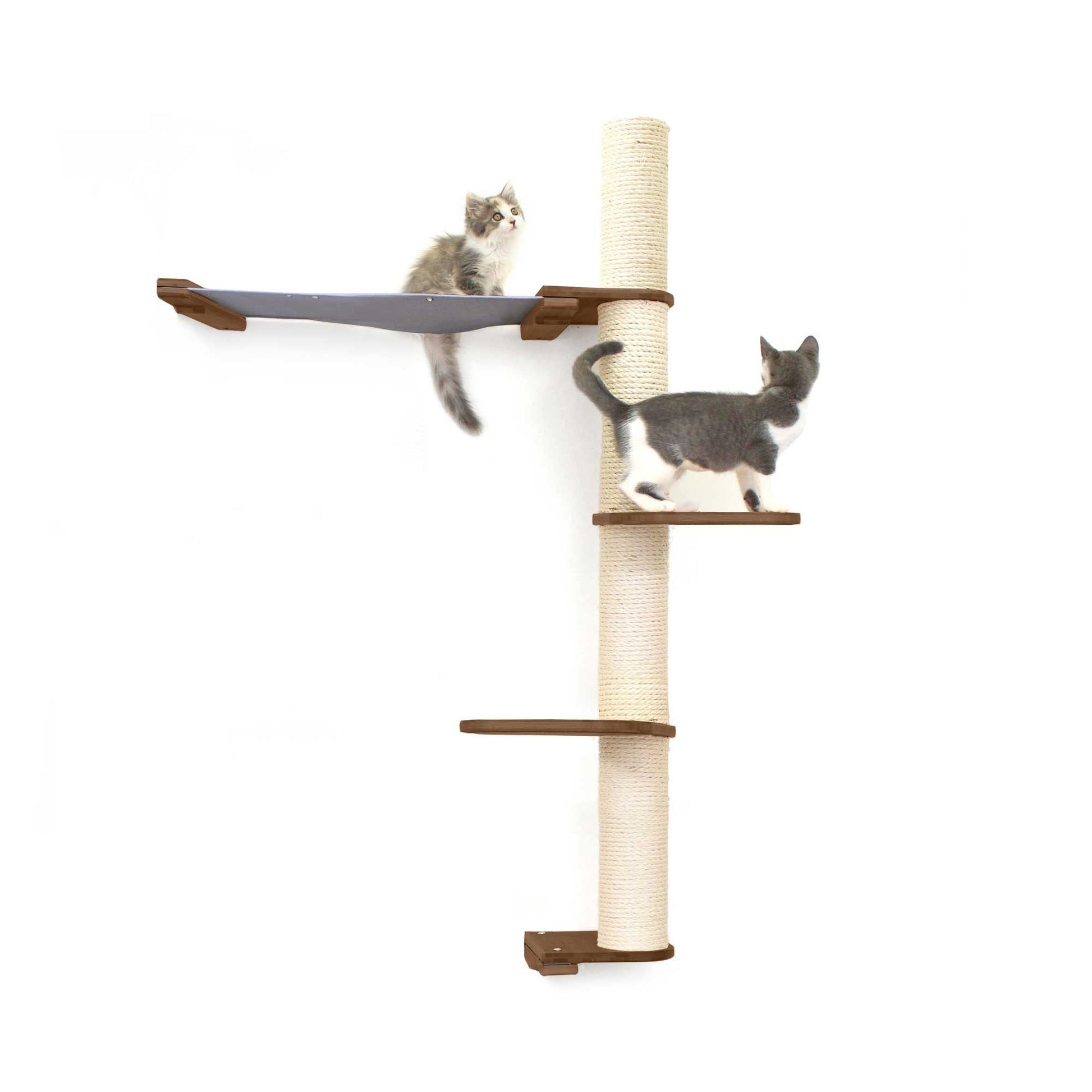 The Crow's Nest - A Wall Cat Scratcher with Hammock English Chestnut Bamboo Charcoal Gray Canvas 3-Tier 24" Cat Condo Catastrophic Creations