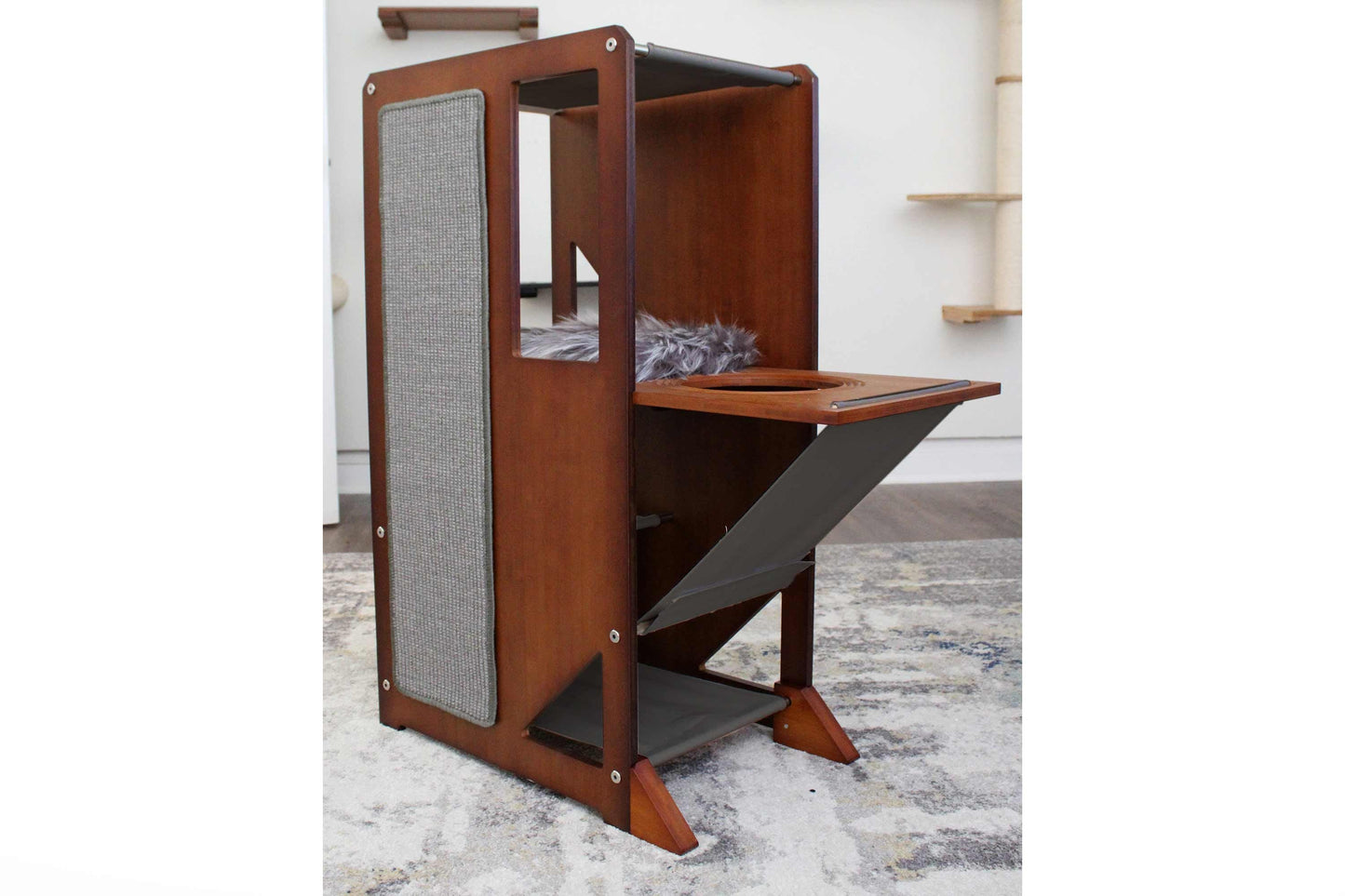 The Overlook - Sturdy - Bamboo Cat Tree English Chestnut Bamboo Charcoal Gray Canvas Yes Cat Condo Catastrophic Creations