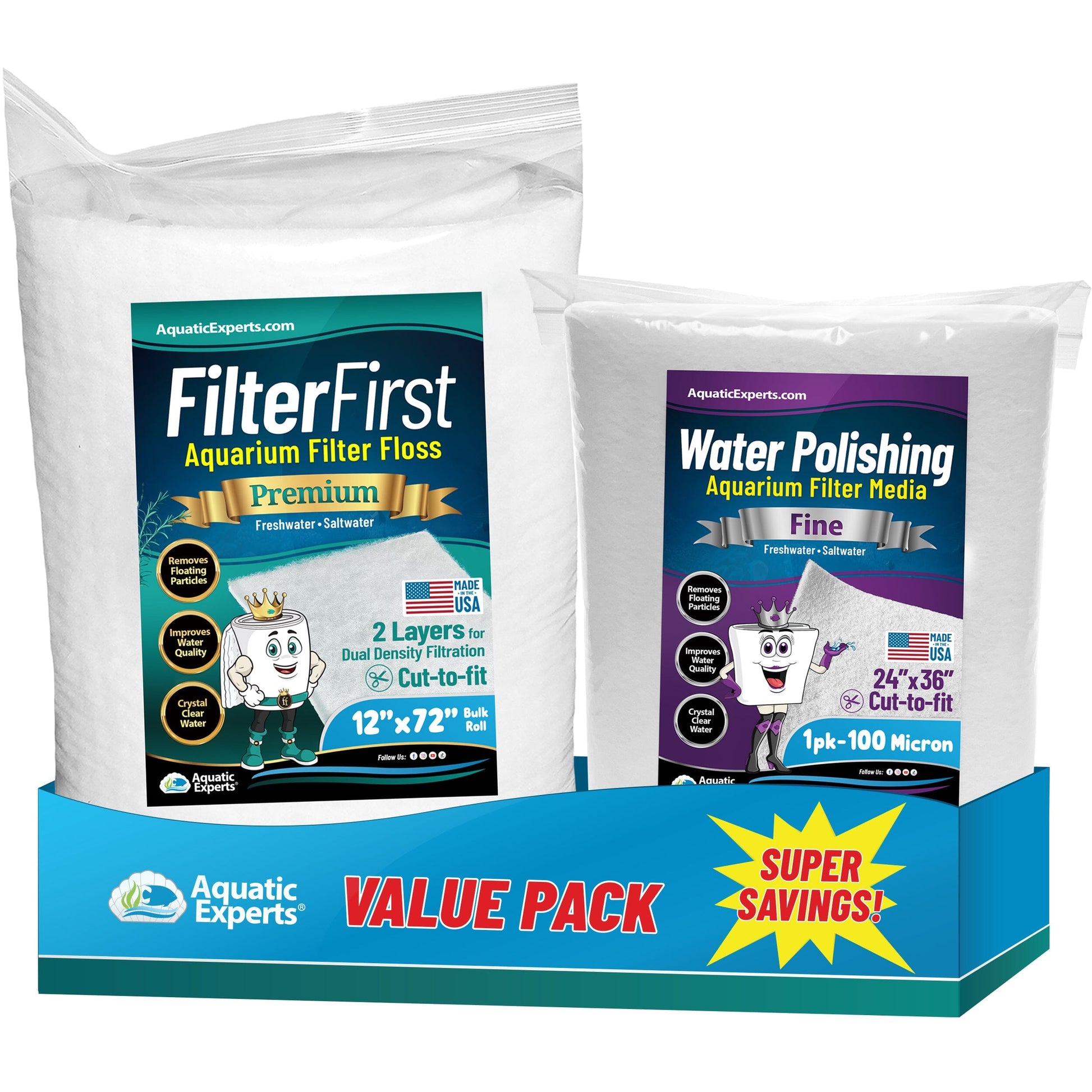Aquarium Filter Floss for Fish Tank Filters - FilterFirst Pad - Media Roll for Crystal Clear Water Value pack Aquarium Filter Kit Aquatic Experts