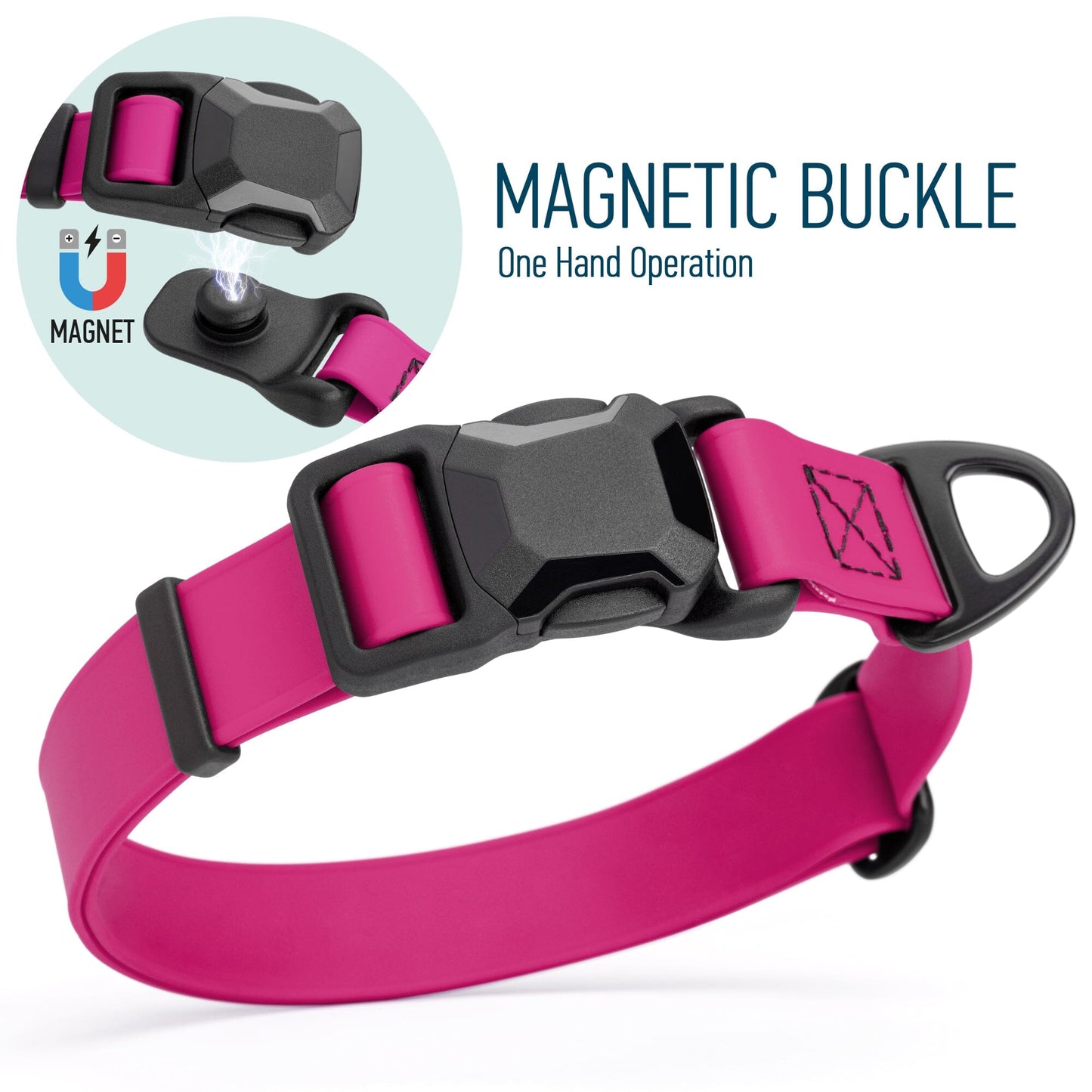 Biothane Waterproof Dog Collar with Magnetic Quick Release Buckle W 1" x L 15-25" Magenta Pink Dog Collars Dogline