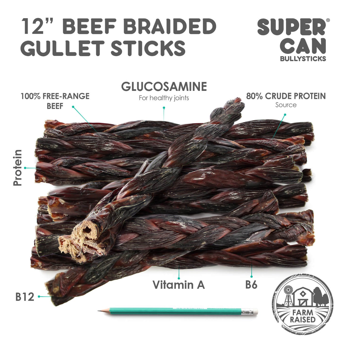 12" Beef Braided Gullet Sticks (4-Pack) Esophagus Sticks SuperCan Bully Sticks