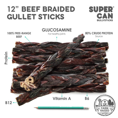 12" Beef Braided Gullet Sticks (4-Pack) Esophagus Sticks SuperCan Bully Sticks