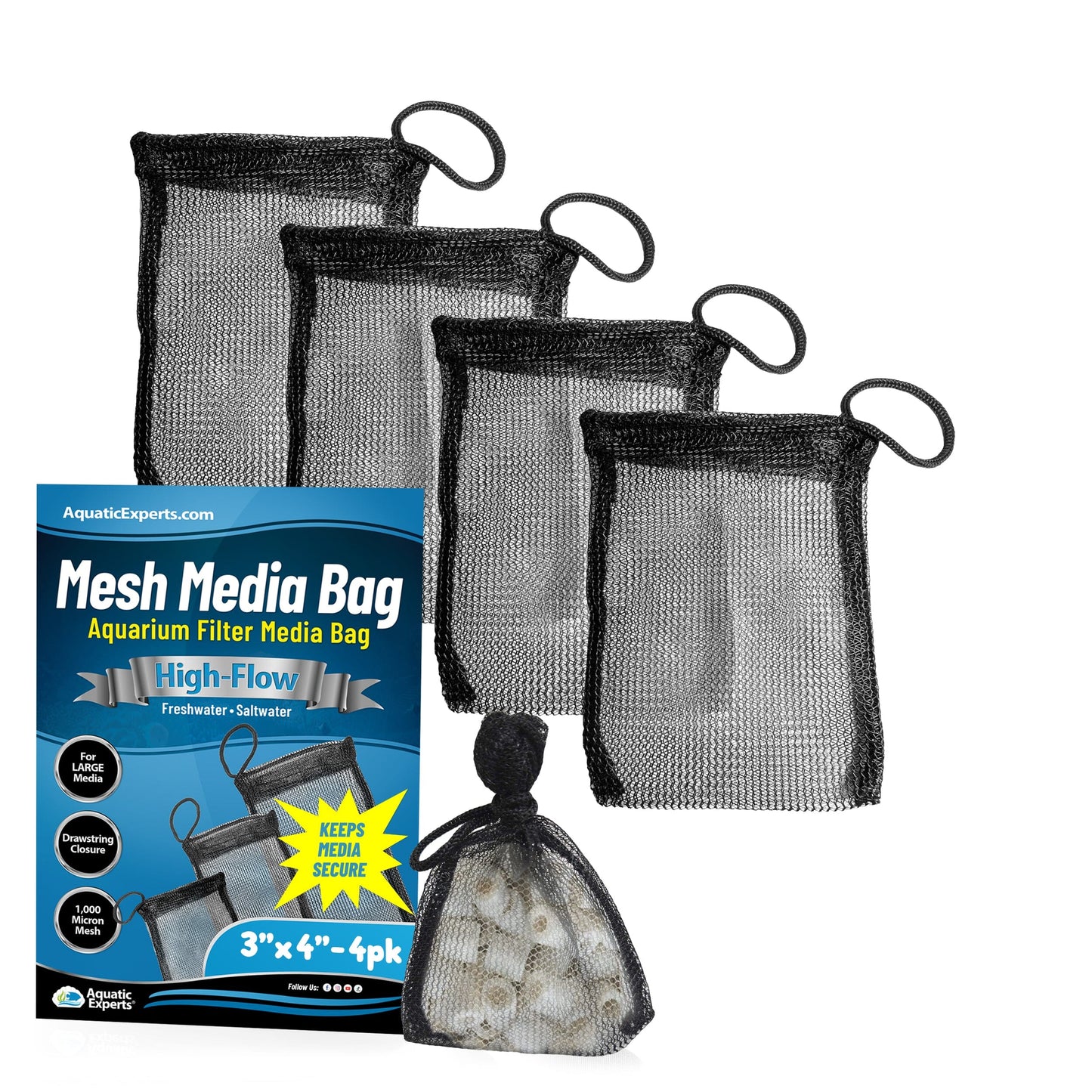 Aquatic Experts Aquarium Filter Bag - High Flow Mesh Media Bags - Ideal for Efficient Aquarium Filtration Black 3" x 4" 4 Pack Aquatic Experts
