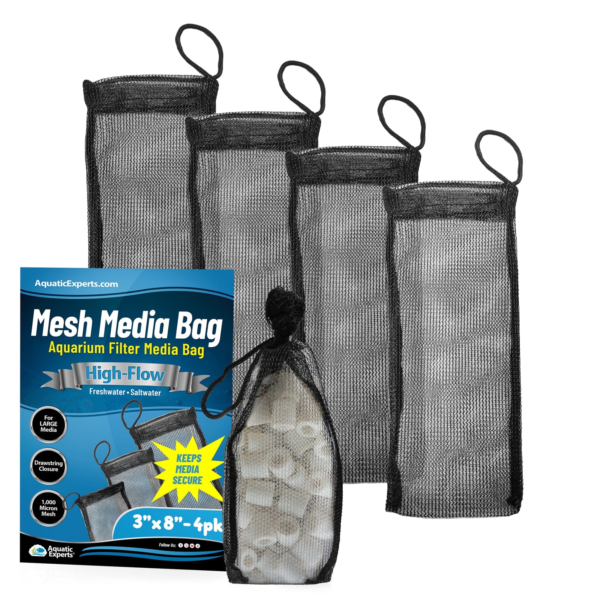 Aquatic Experts Aquarium Filter Bag - High Flow Mesh Media Bags - Ideal for Efficient Aquarium Filtration Black 3" x 8" 4 Pack Aquatic Experts