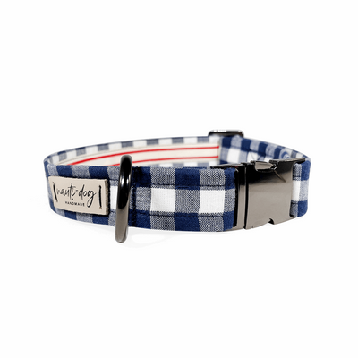 Buffalo Navy Check Plaid Oxford Buckle & Martingale Dog Collar Dog Collars Nauti-dog Handmade