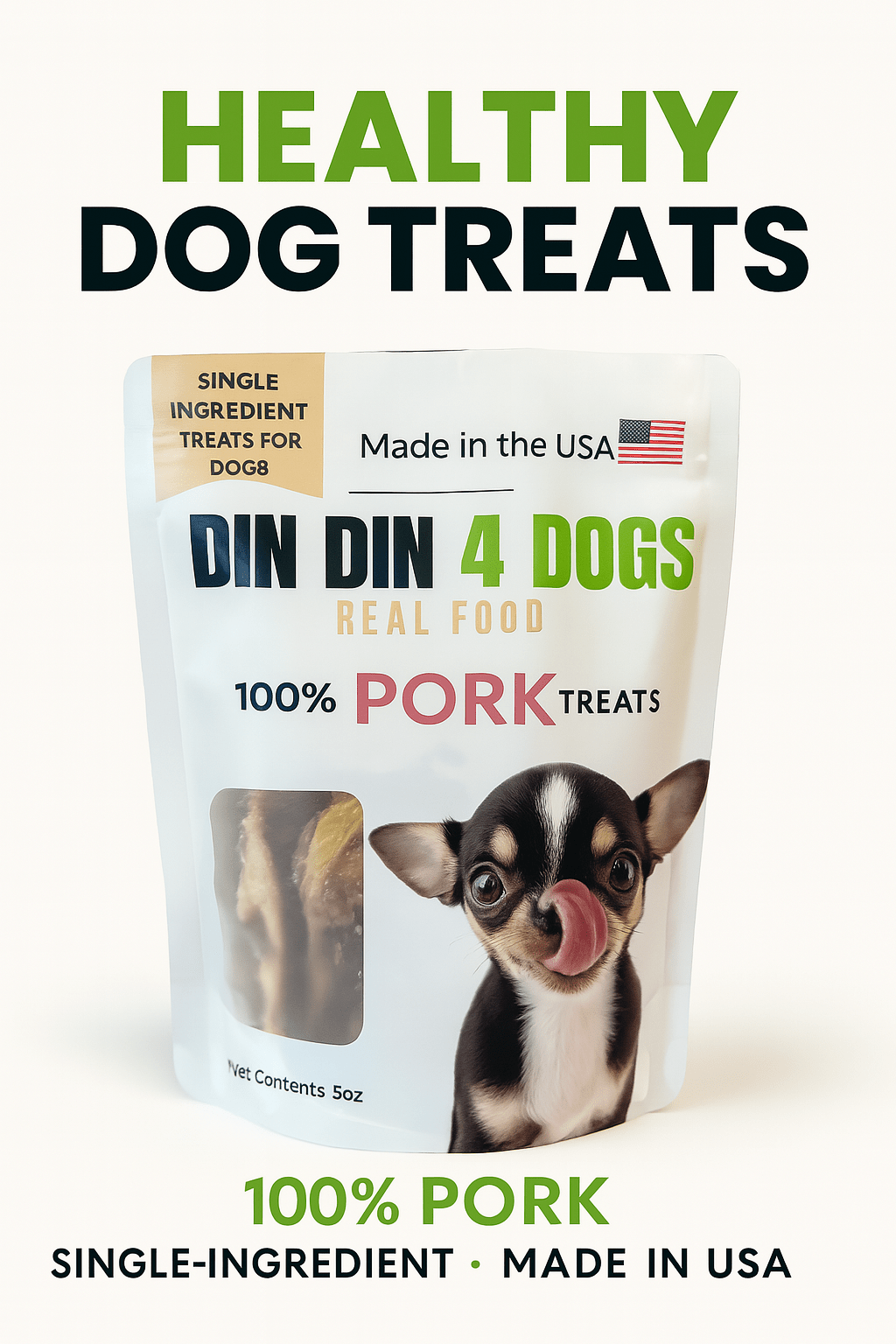 100% Pork Dog Treats, 5 Ounce Bag, Single Ingredient, High Protein Treat Din Din 4 Dogs