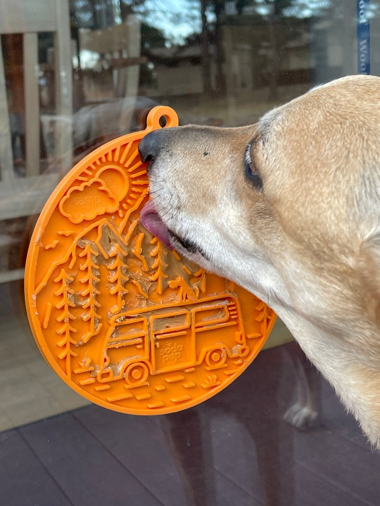 Image of a light tan dog licking peanut butter off an orange camp theme lick mat