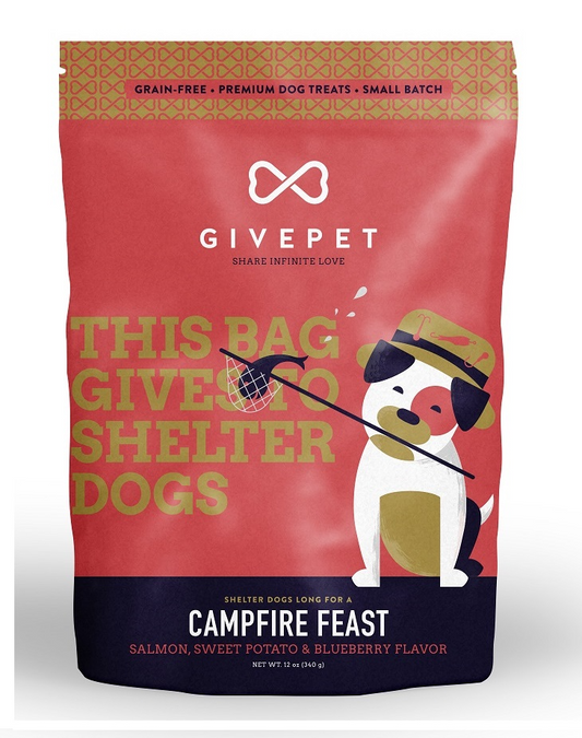 A bag of GivePet dog treats labeled "Campfire Feast" with an illustration of a dog holding a fishing net.