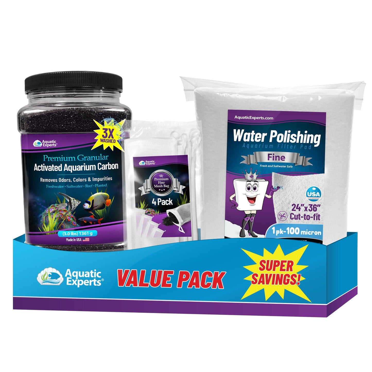 Aquarium Bundle - Carbon 3.0 + 4 Pack Fine Mesh Bag 3"x8" + Polishing Pad 100 Micron Bundle Bundles Aquatic Experts