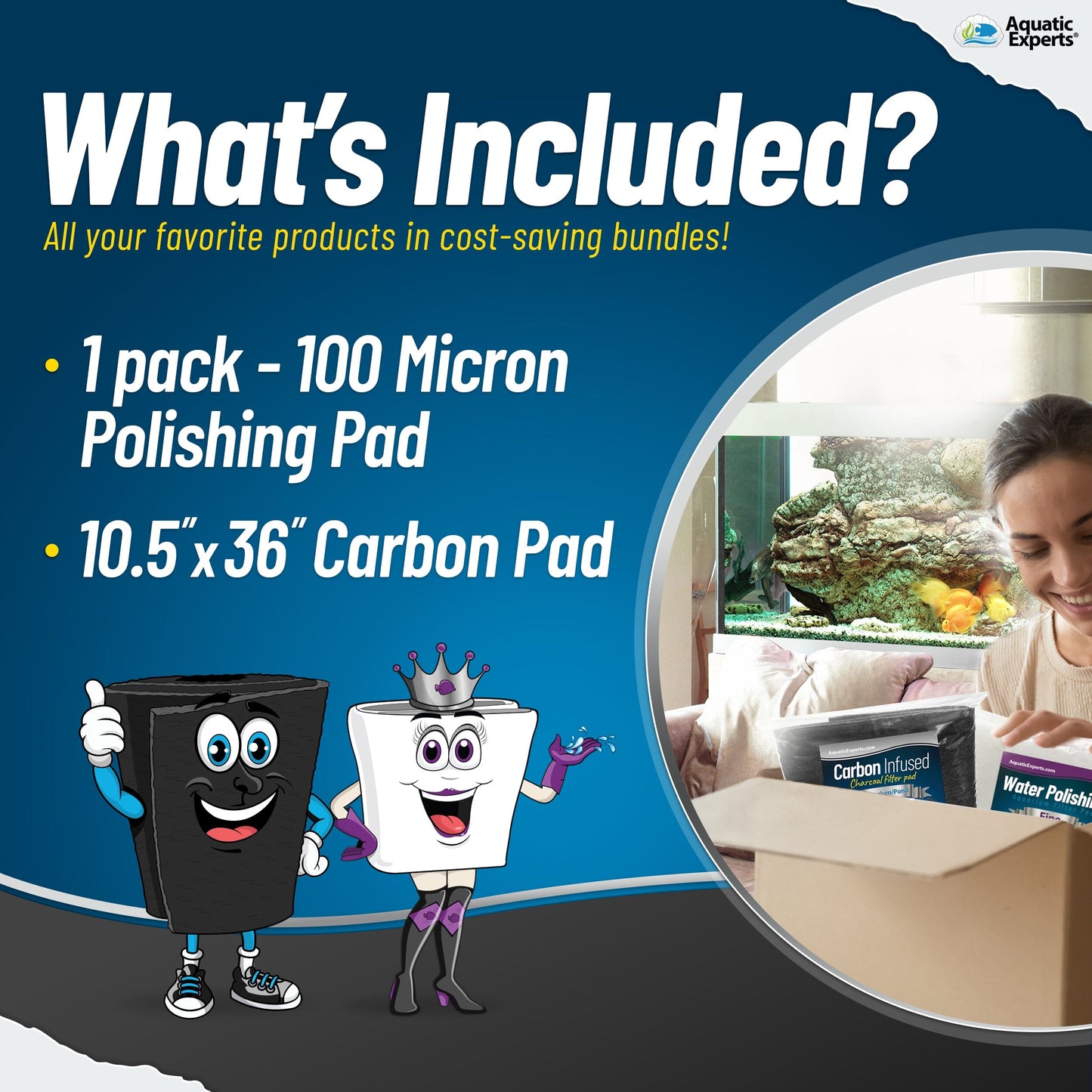 Aquarium Bundle - Carbon Pad Bundle - Carbon Pad Filter 10.5" x 36" & Water Polishing Pad 24" x 36" 100 Micron - 1 pack Bundles Aquatic Experts