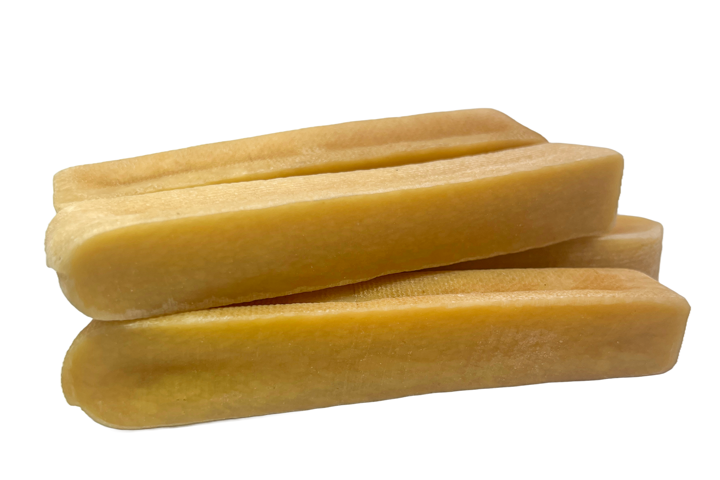 Traditional flavored yak cheese chew, image of 4 yak chews, large size for dogs under 55 pounds