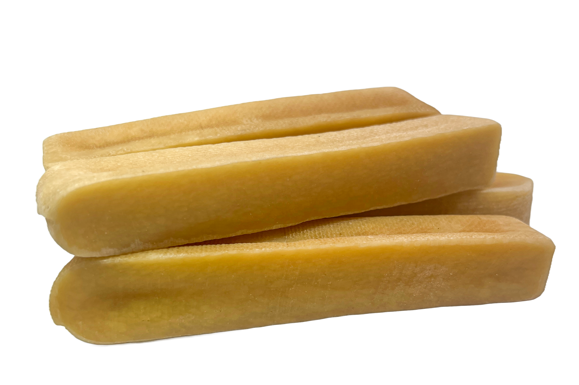 Traditional flavored yak cheese chew, image of 4 yak chews, large size for dogs under 55 pounds