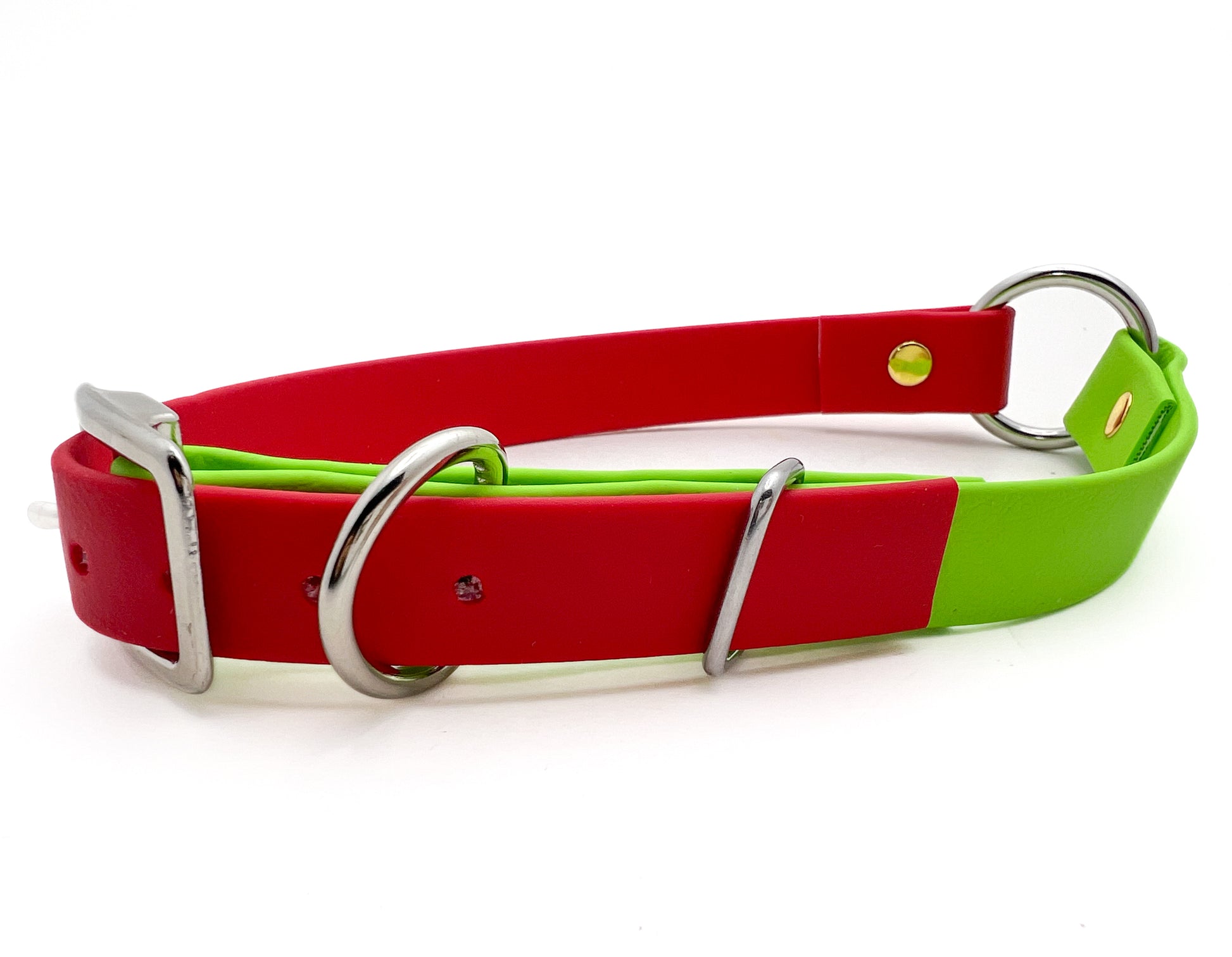 Image of a red and green biothane collar on a white background