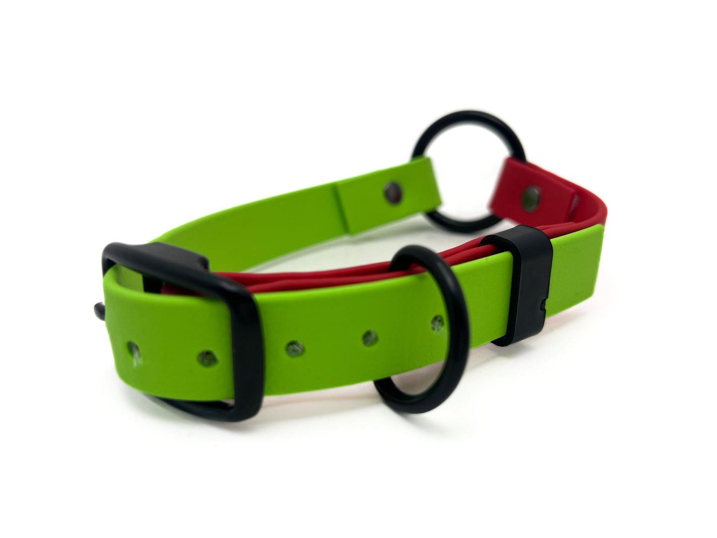 Image of a red and green biothane collar on a white background