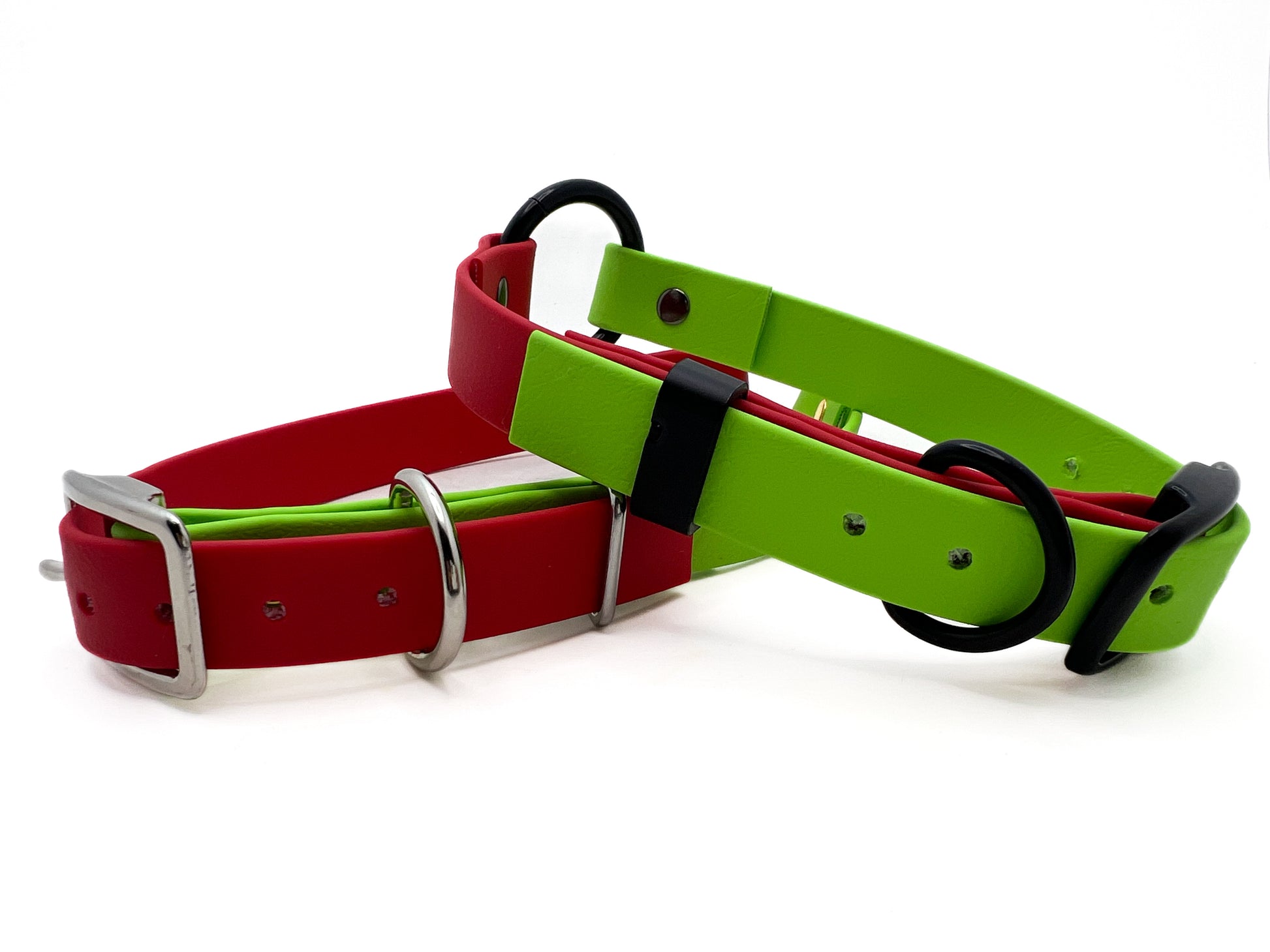 Image of red and green biothane collars on a white background