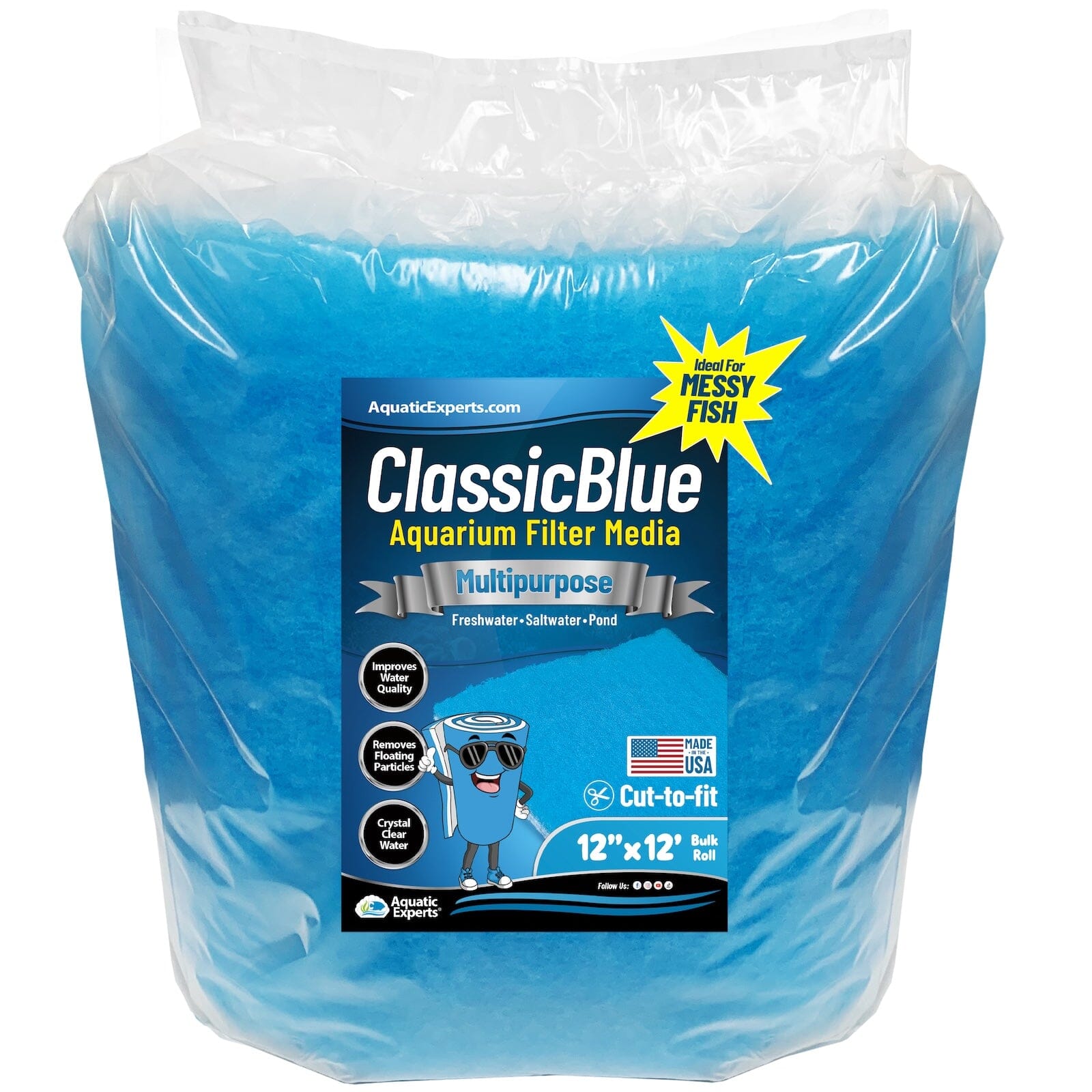 Classic Bonded Aquarium Filter Pad - Blue & White Aquarium Filter Media Roll Bulk, Customizable for Most Filters 3 4" 12" x 12' Aquatic Experts