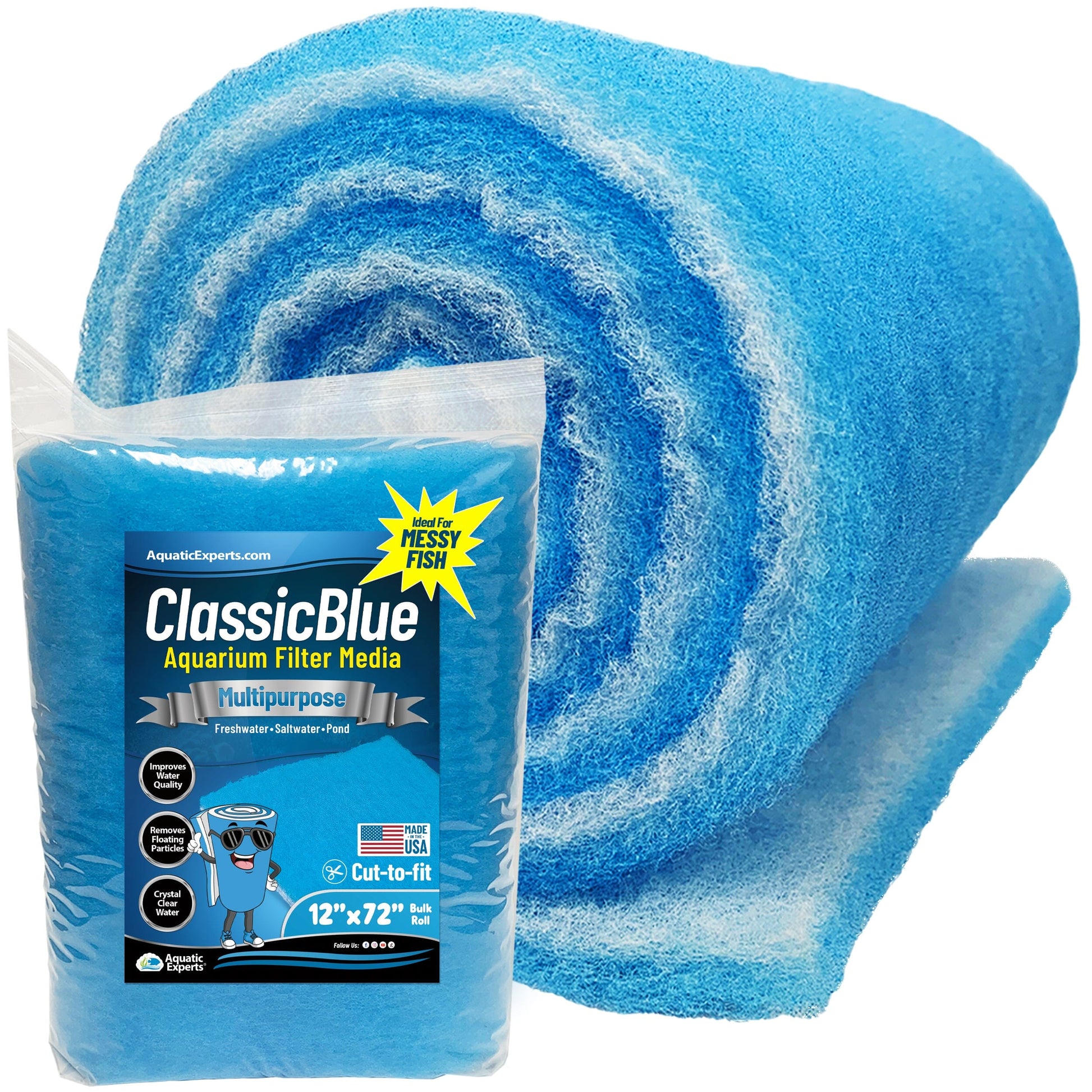 Classic Bonded Aquarium Filter Pad - Blue & White Aquarium Filter Media Roll Bulk, Customizable for Most Filters 3 4" 12" x 72" Aquatic Experts