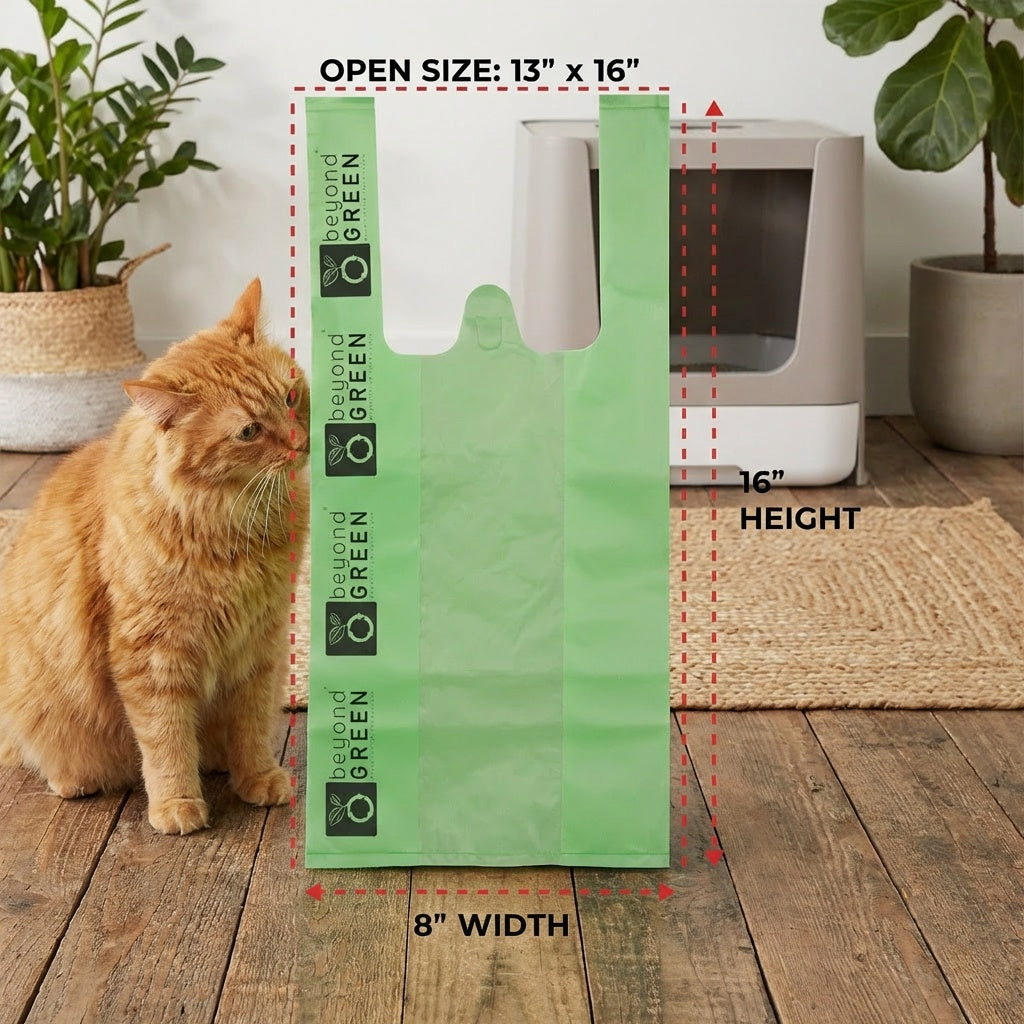 Green Cat Litter Bags – 8" x 16" with 5" Gusset & Handles – Made in USA Cat Litter Bags beyondGREEN biotech™