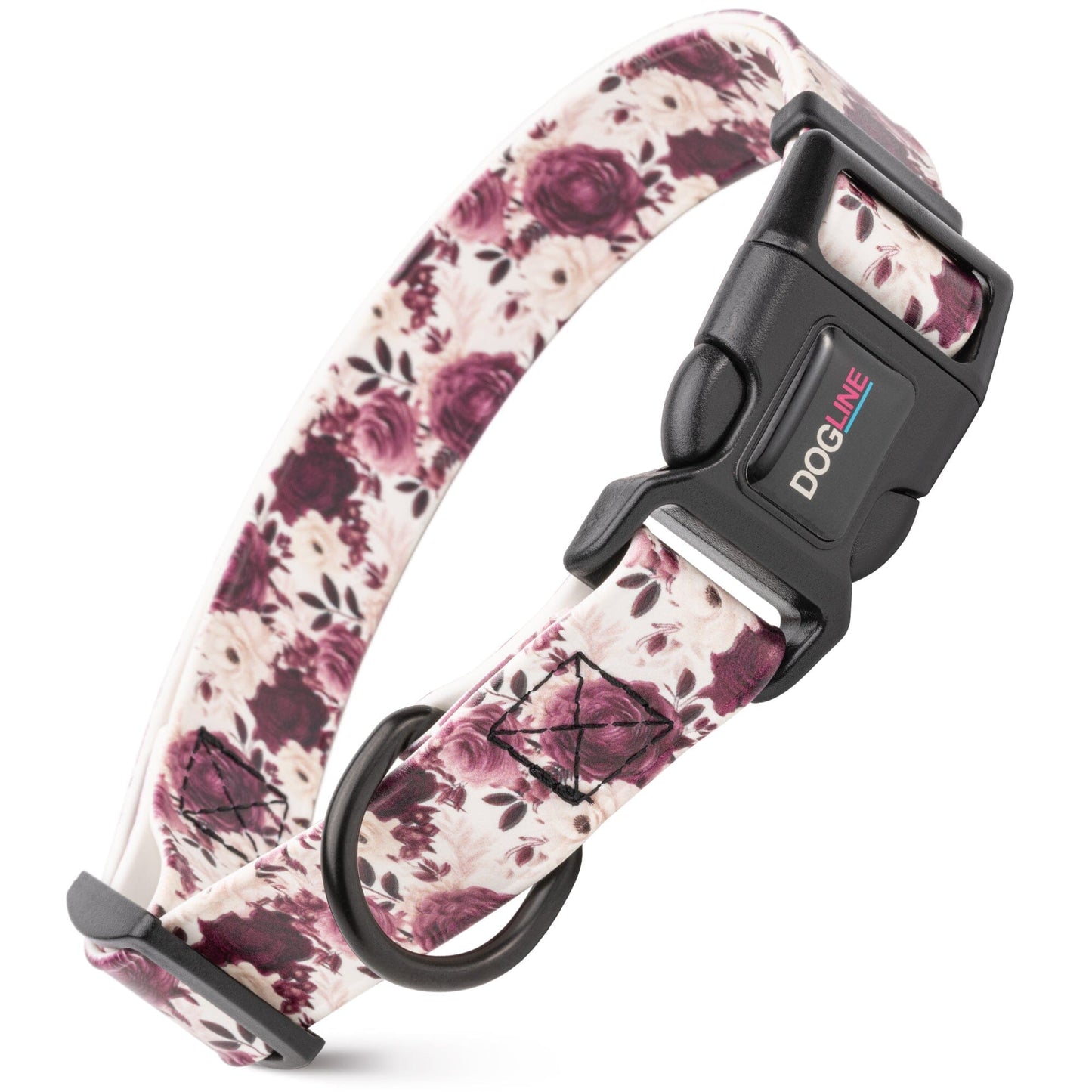 Dogline Biothane Full Color Design Printed Dog Collar with Quick Release Buckle Wine Floral W 3 4" x L 12"-19" Dog Collars Dogline
