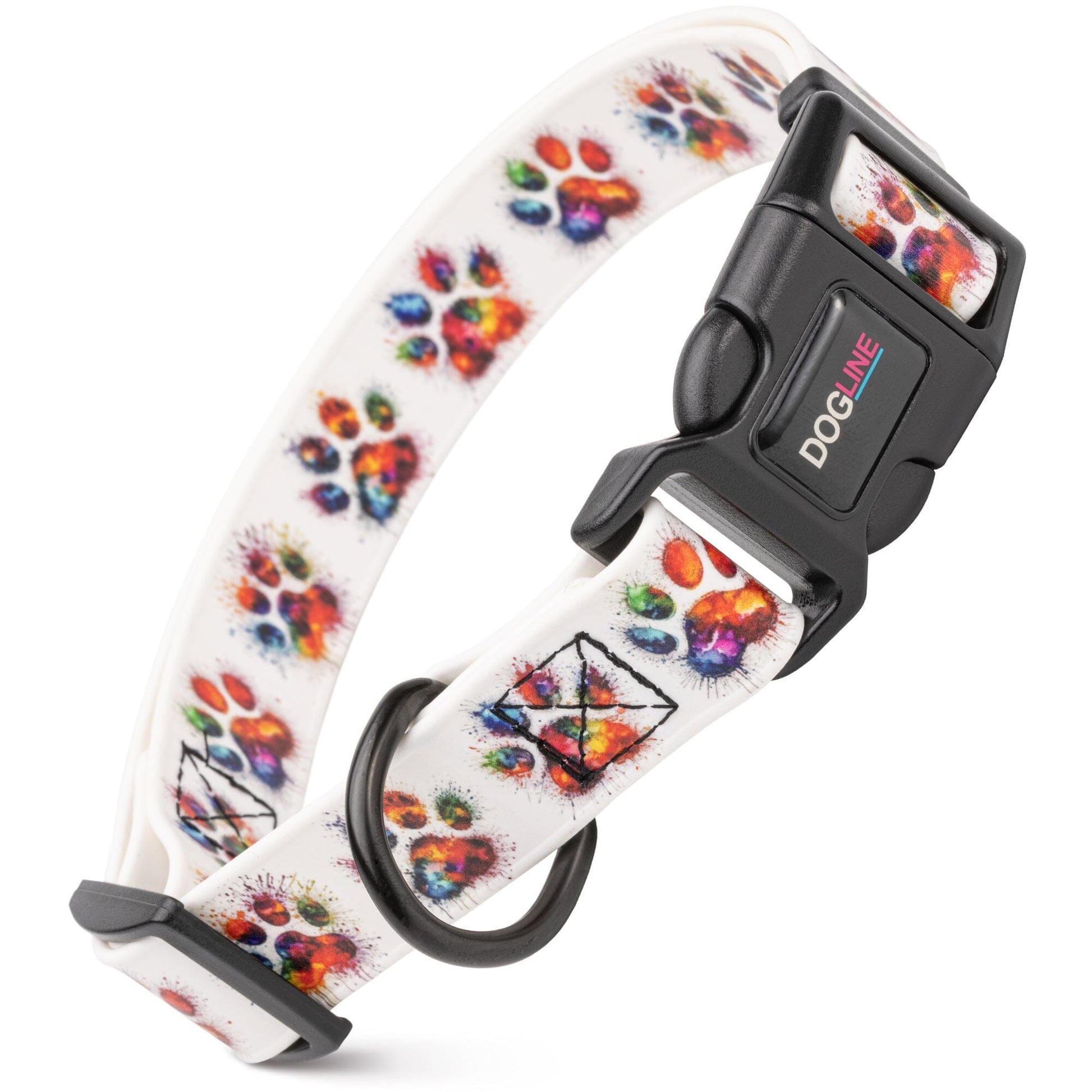 Dogline Biothane Full Color Design Printed Dog Collar with Quick Release Buckle Painted Paws W 3 4" x L 12"-19" Dog Collars Dogline