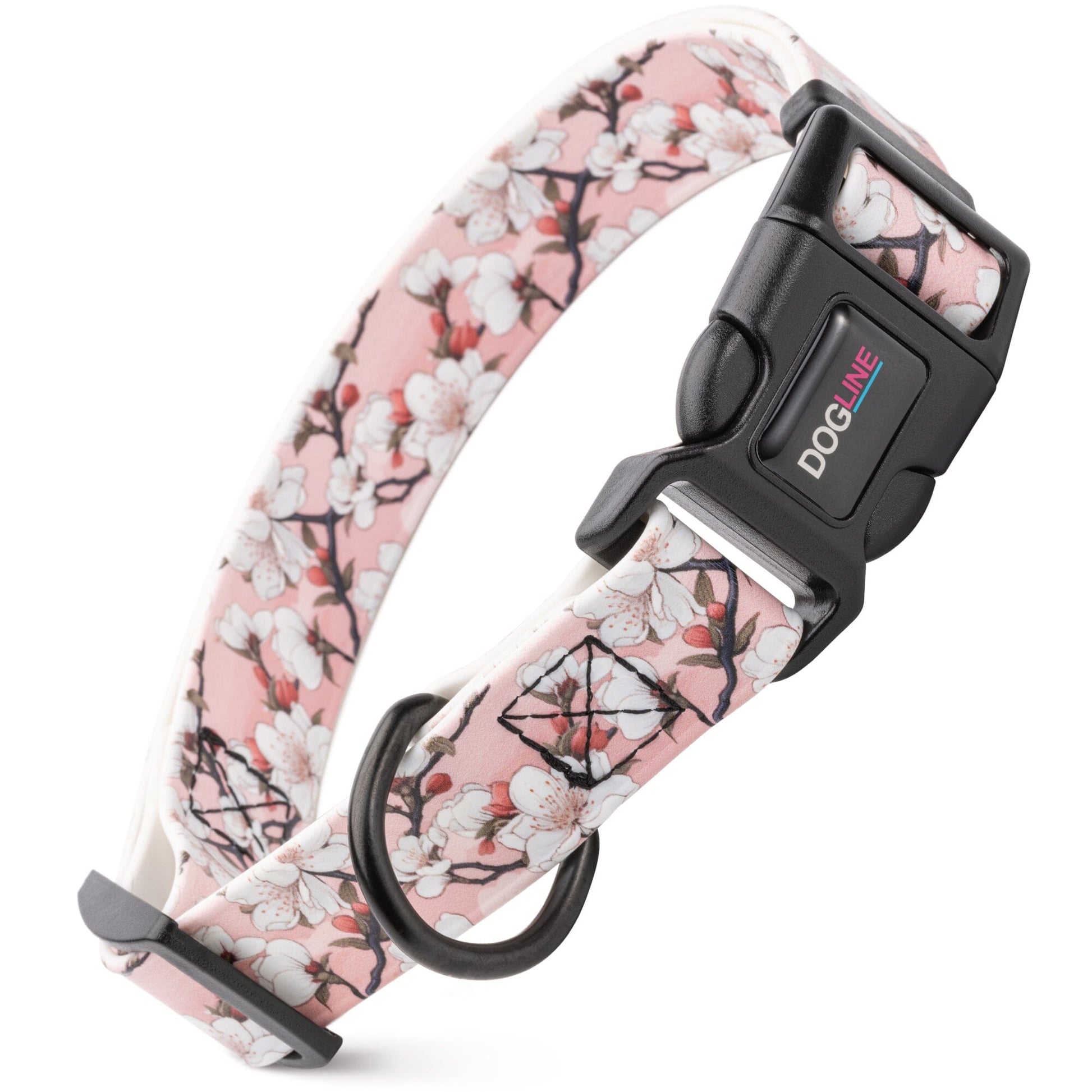 Dogline Biothane Full Color Design Printed Dog Collar with Quick Release Buckle Cherry Blossoms W 3 4" x L 12"-19" Dog Collars Dogline
