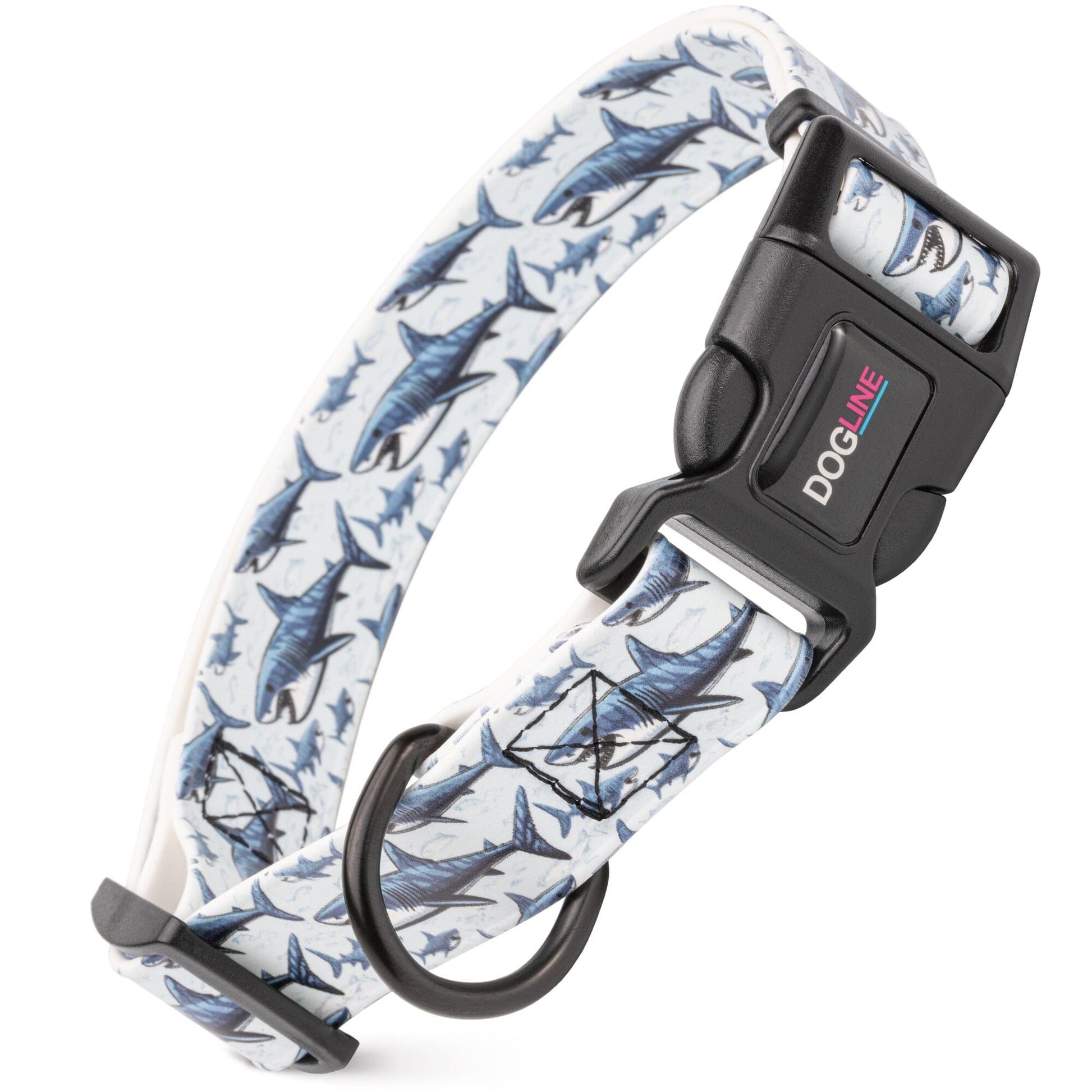 Dogline Biothane Full Color Design Printed Dog Collar with Quick Release Buckle Sharks W 3 4" x L 12"-19" Dog Collars Dogline